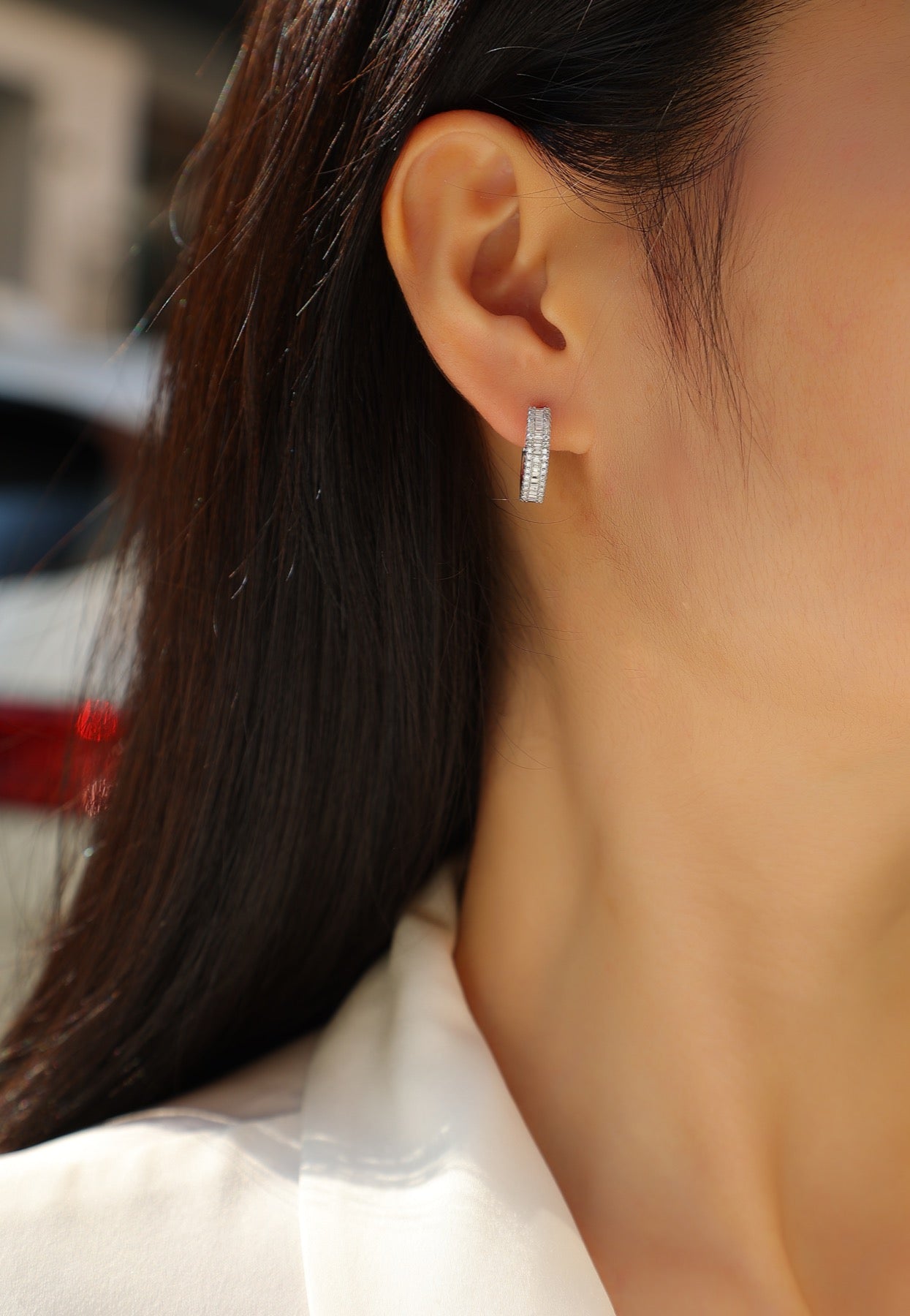 Prism Moissanite Baguette Huggie Hoop Earrings in Sterling Silver