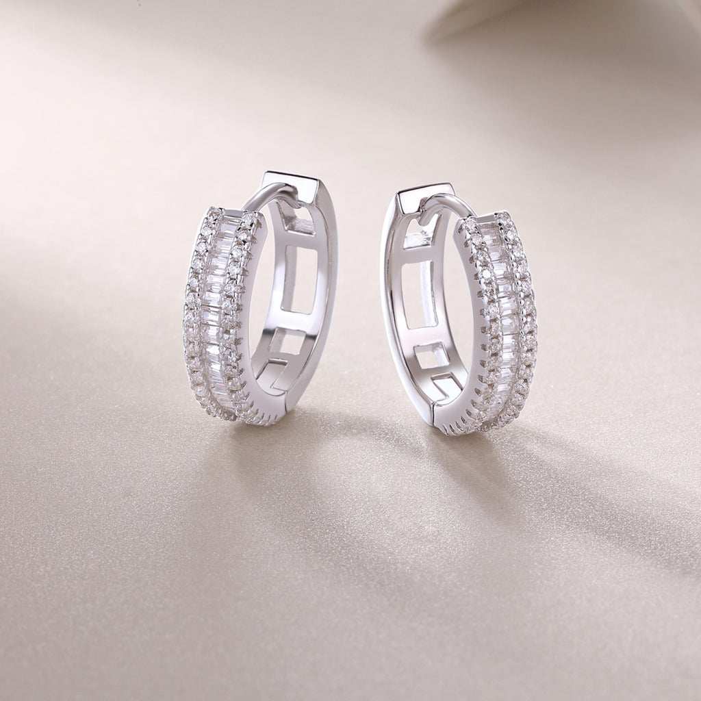 Prism Moissanite Baguette Huggie Hoop Earrings in Sterling Silver