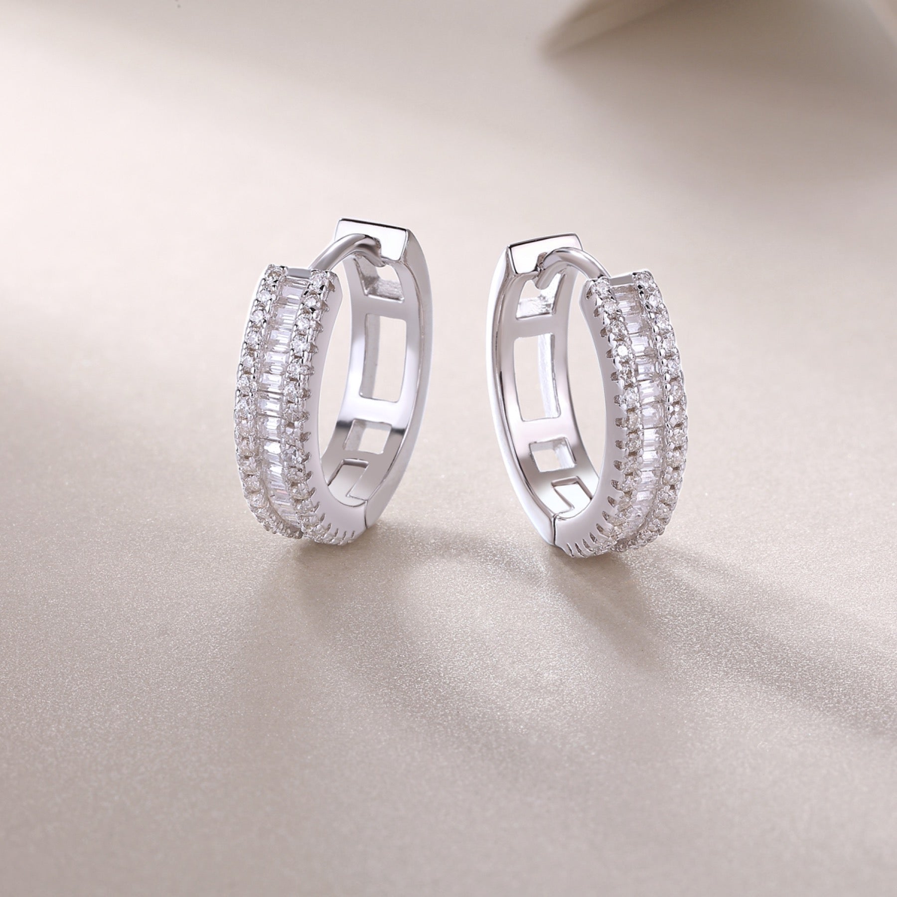 Prism Moissanite Baguette Huggie Hoop Earrings in Sterling Silver