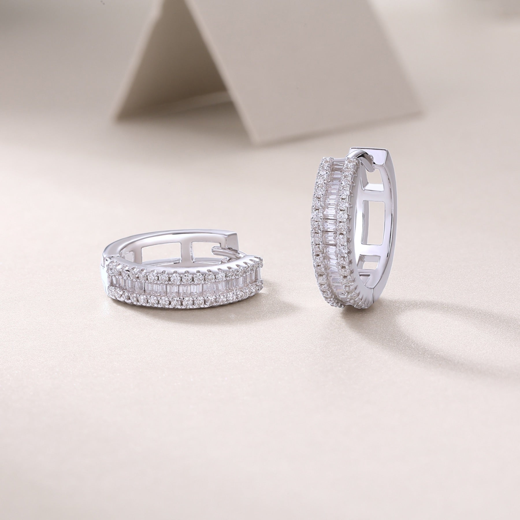Prism Moissanite Baguette Huggie Hoop Earrings in Sterling Silver