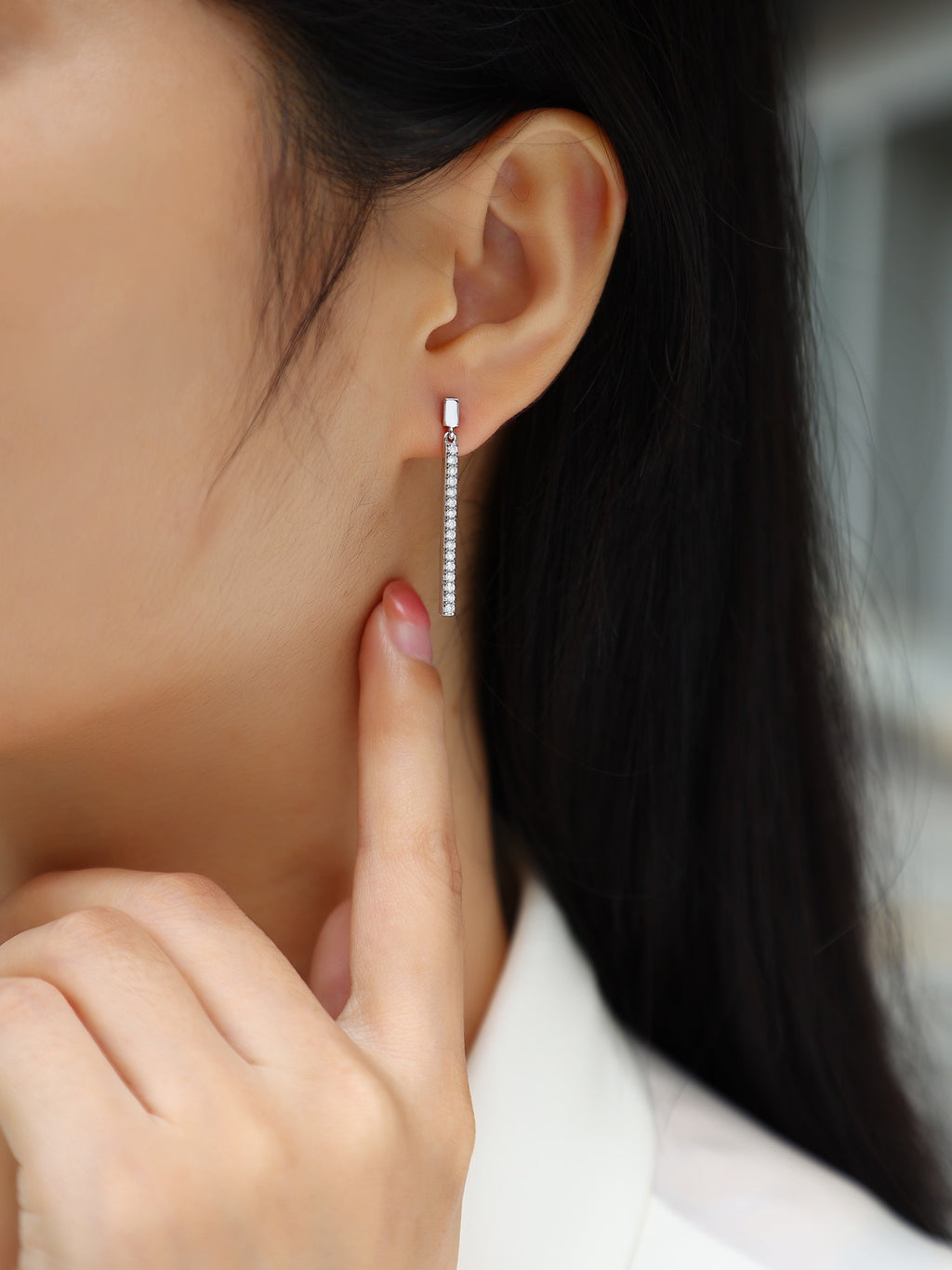 Baton Moissanite Bar Drop Earrings in Sterling Silver