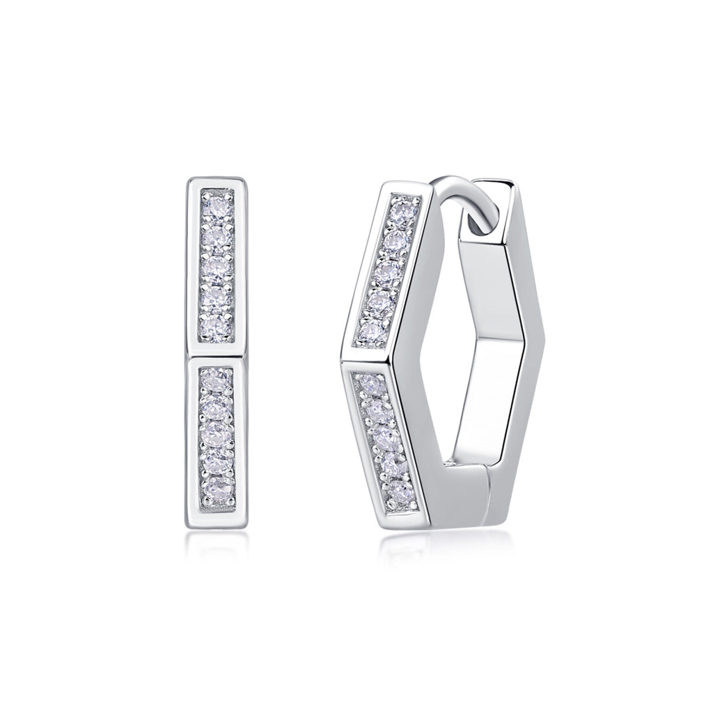 Comb Moissanite Hexagon Huggie Hoop Earrings in Sterling Silver