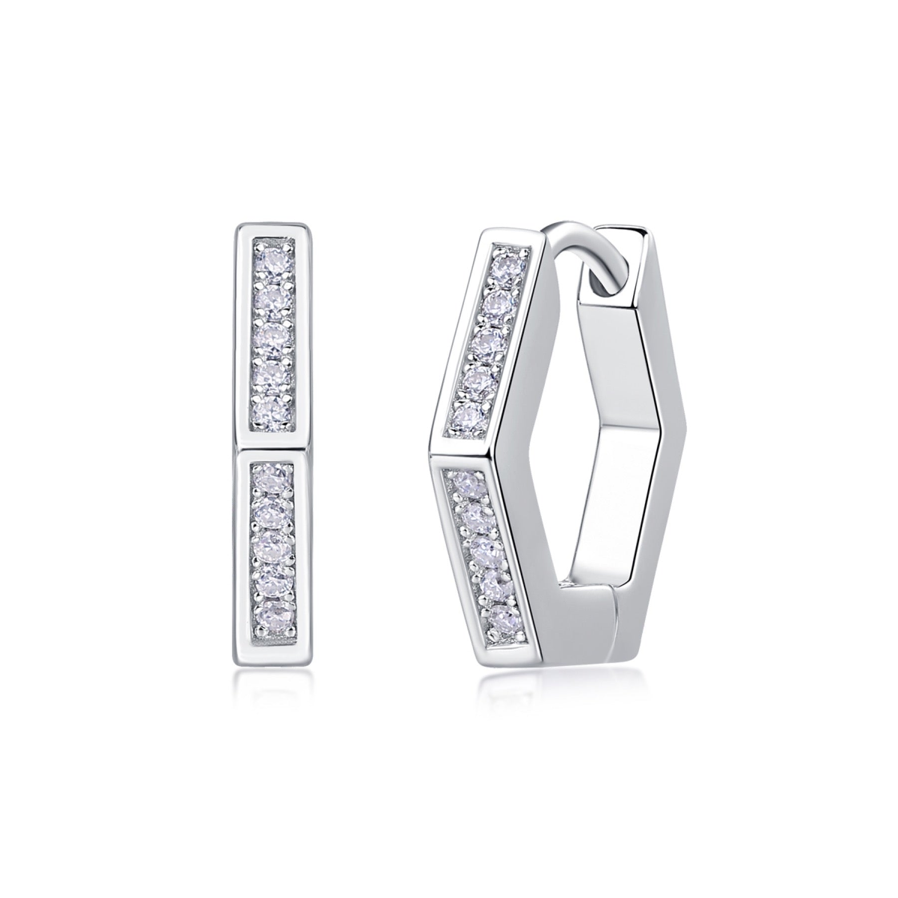 Comb Moissanite Hexagon Huggie Hoop Earrings in Sterling Silver