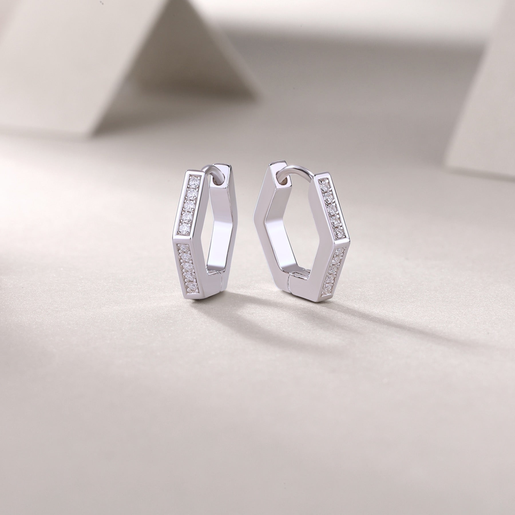 Comb Moissanite Hexagon Huggie Hoop Earrings in Sterling Silver