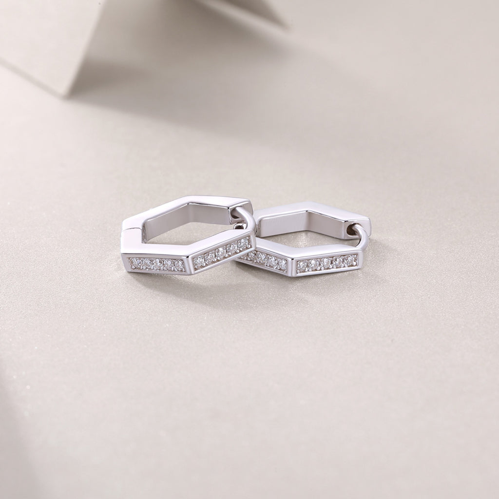 Comb Moissanite Hexagon Huggie Hoop Earrings in Sterling Silver