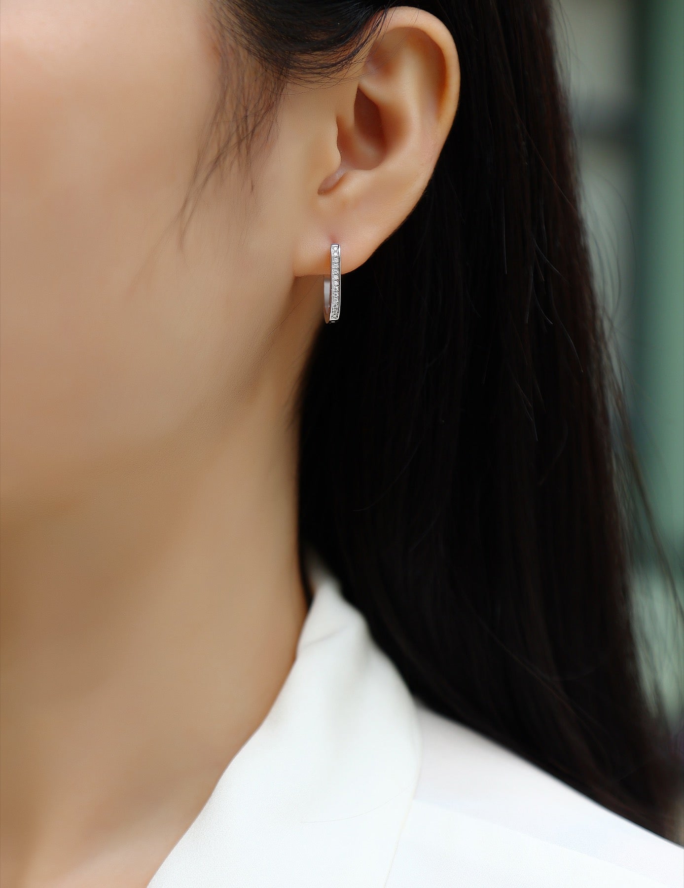 Oblong Moissanite Huggie Hoop Earrings in Sterling Silver