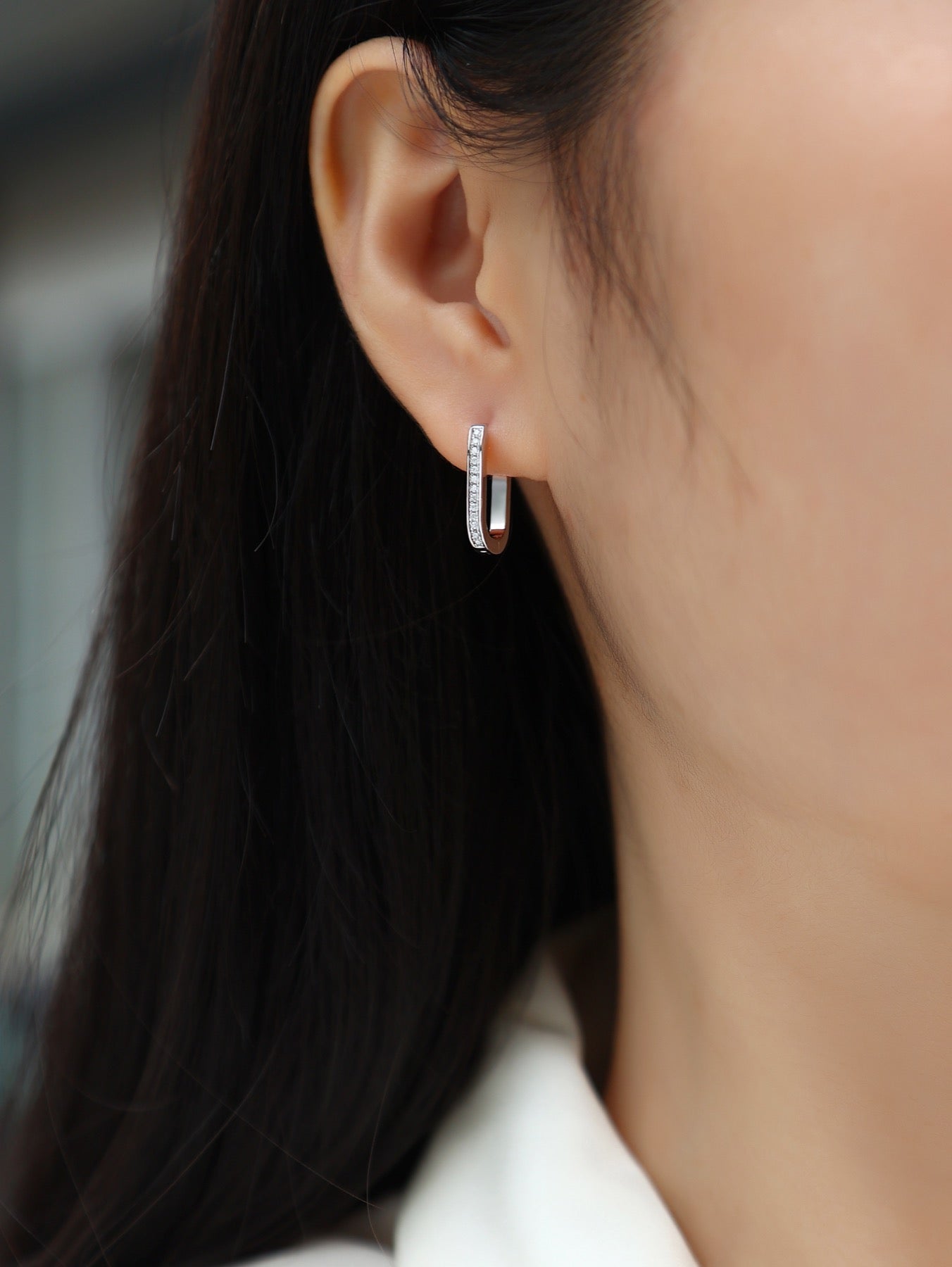 Oblong Moissanite Huggie Hoop Earrings in Sterling Silver