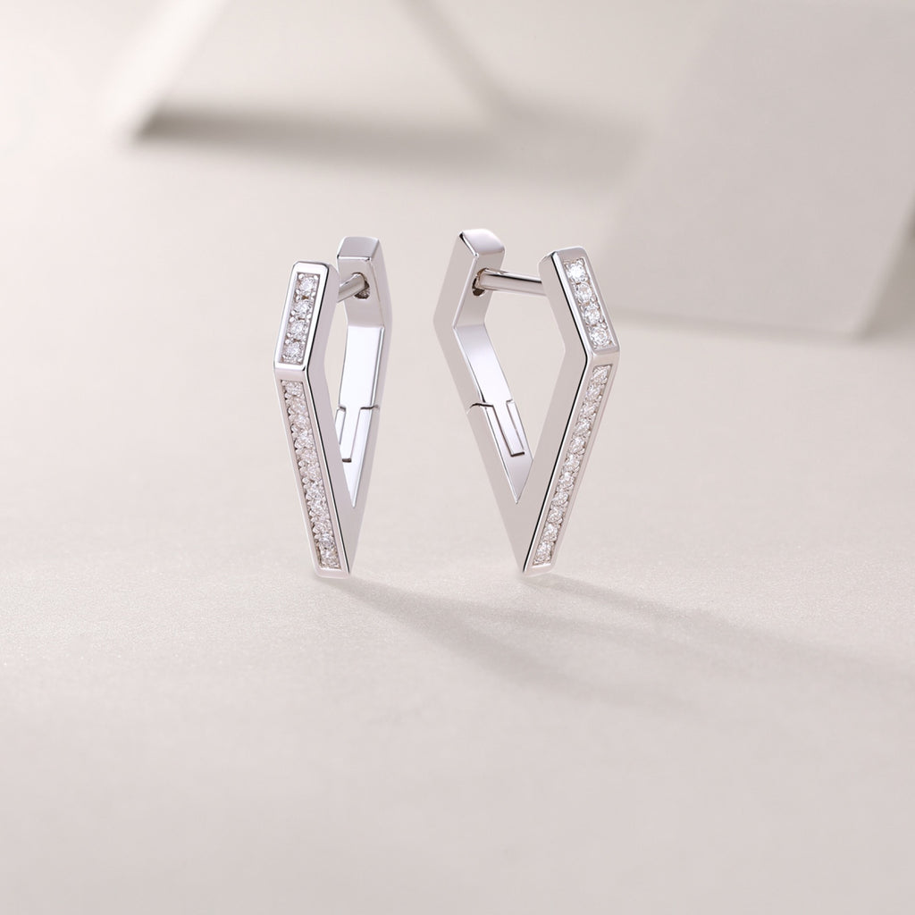 Chevron Moissanite Huggie Hoop Earrings in Sterling Silver