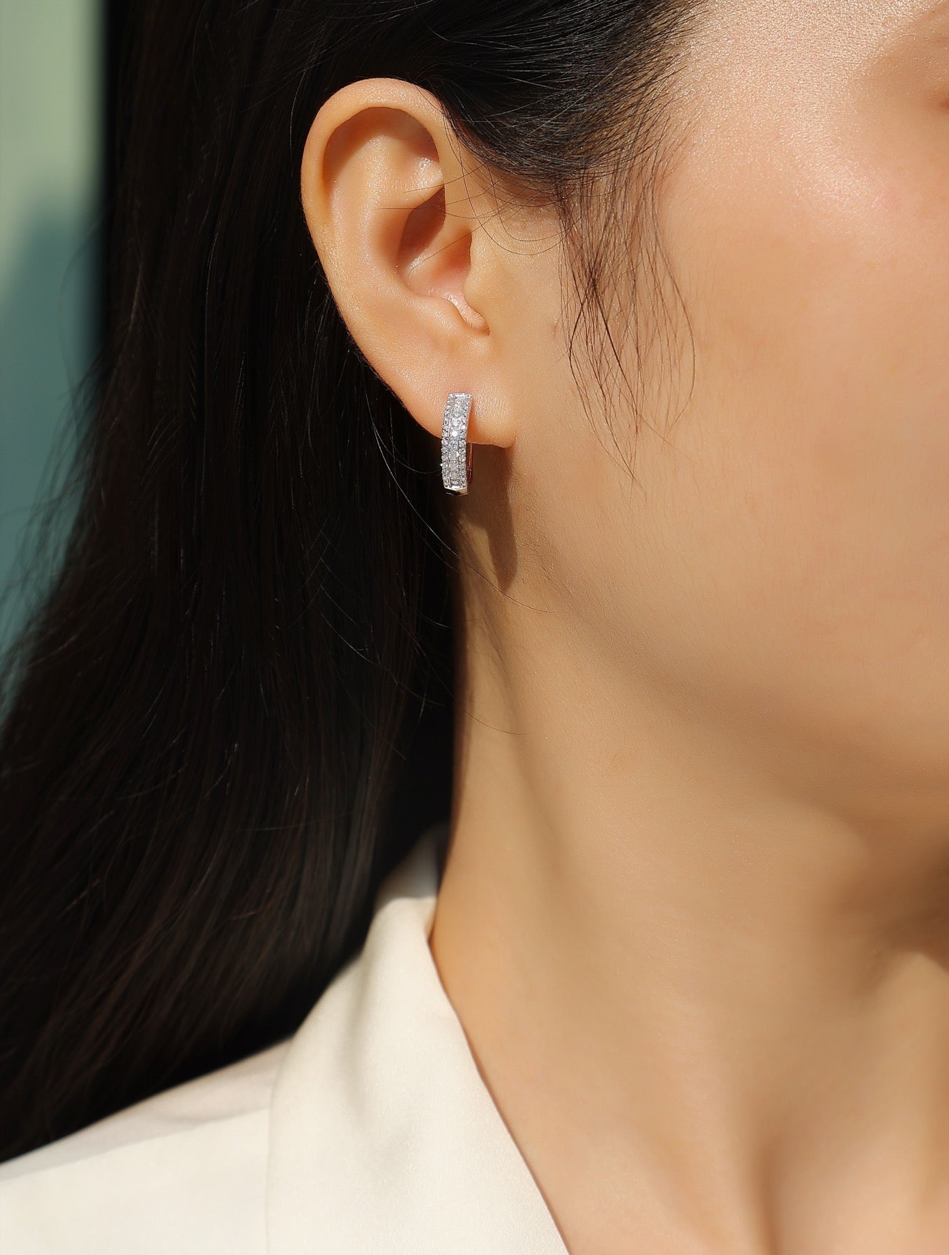 Twill Moissanite Huggie Hoop Earrings in Sterling Silver