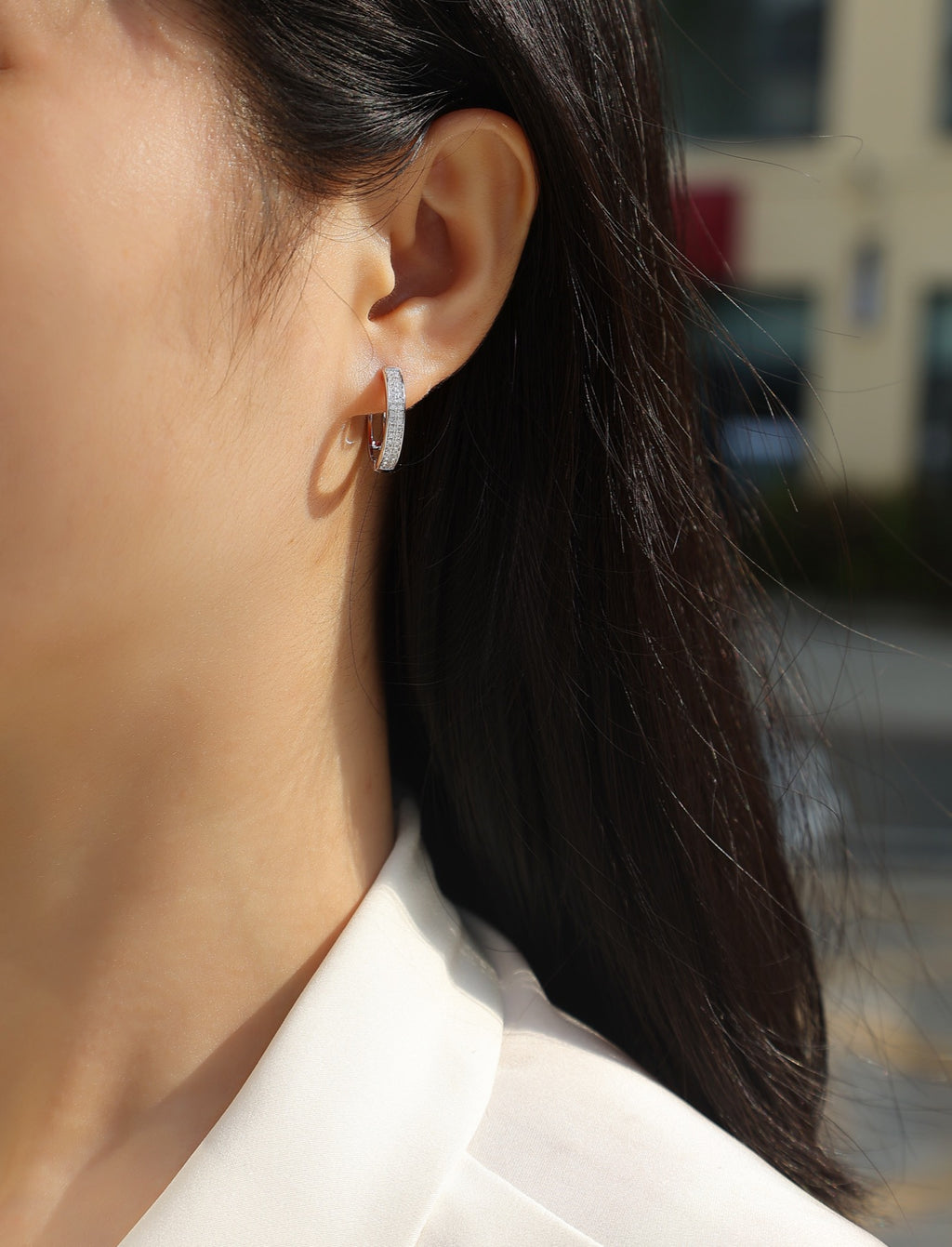 Banded Moissanite Huggie Hoop Earrings in Sterling Silver