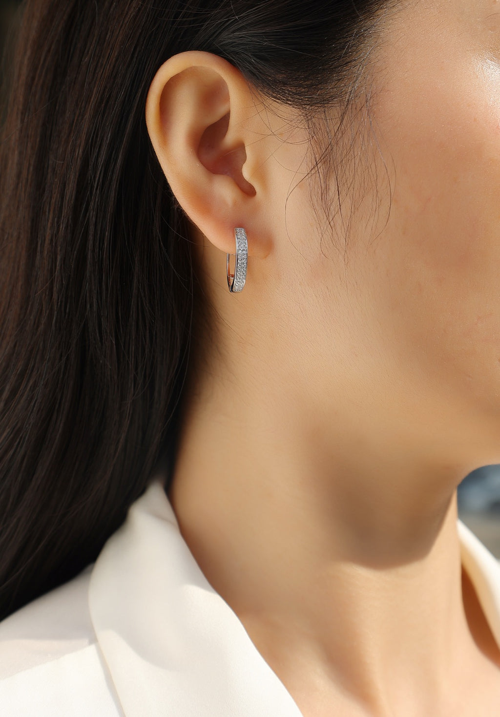Banded Moissanite Huggie Hoop Earrings in Sterling Silver