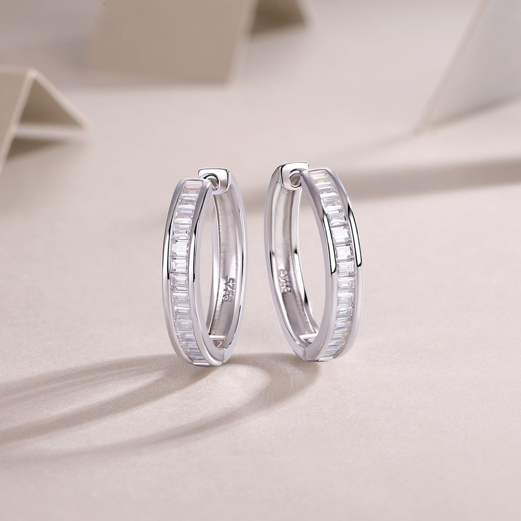 Deco Moissanite Baguette Hoop Earrings in Sterling Silver