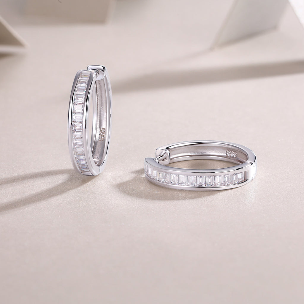 Deco Moissanite Baguette Hoop Earrings in Sterling Silver