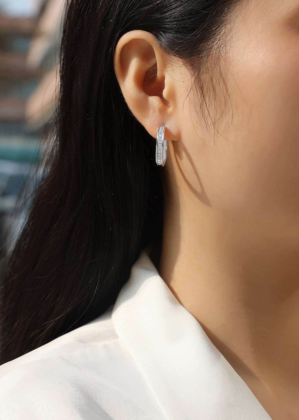 Deco Moissanite Baguette Hoop Earrings in Sterling Silver