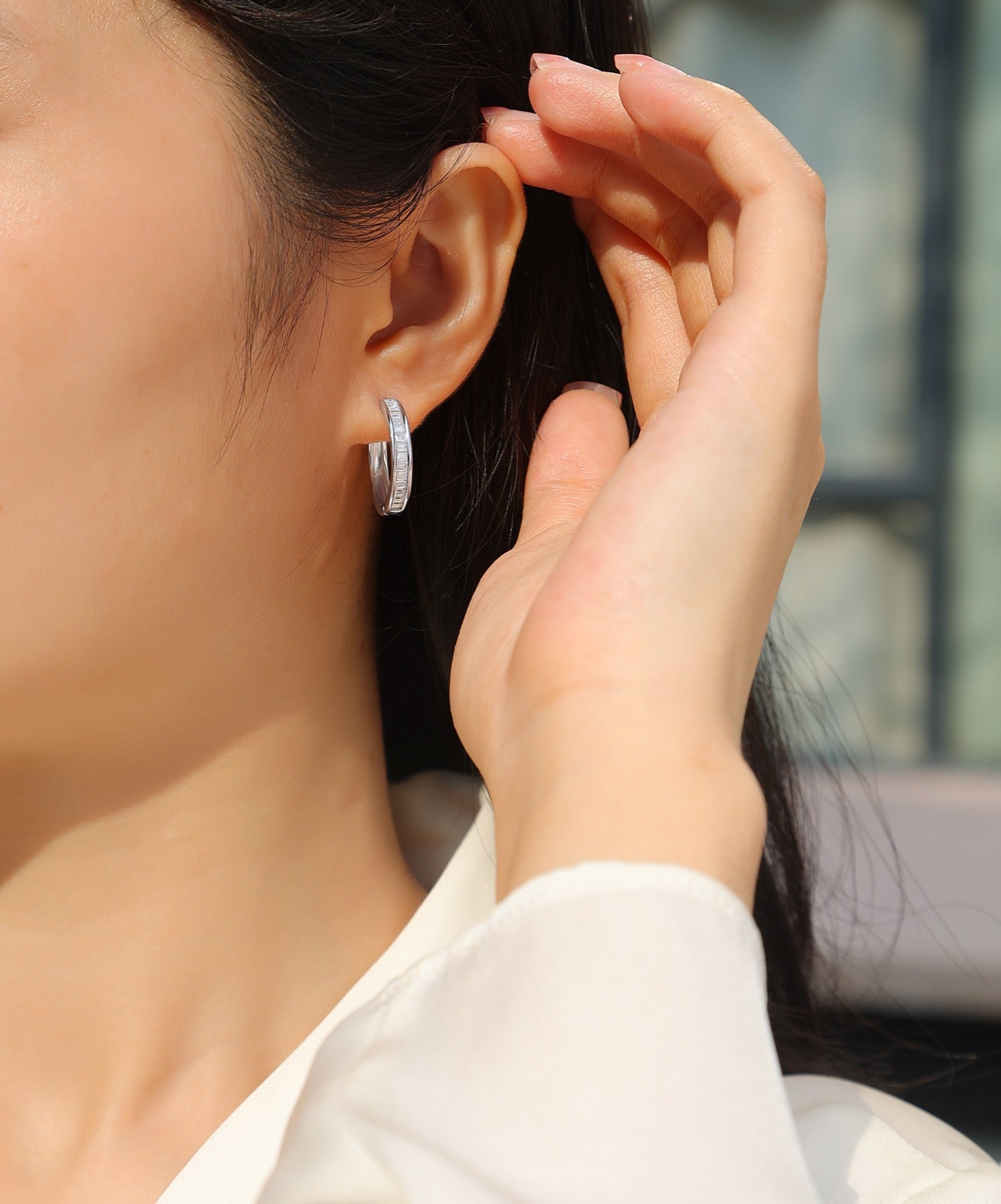 Deco Moissanite Baguette Hoop Earrings in Sterling Silver