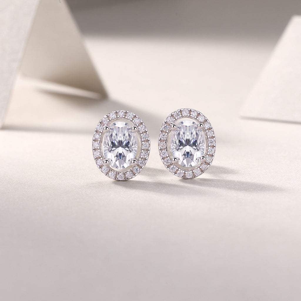 Ovation Moissanite Oval Halo Stud Earrings in Sterling Silver