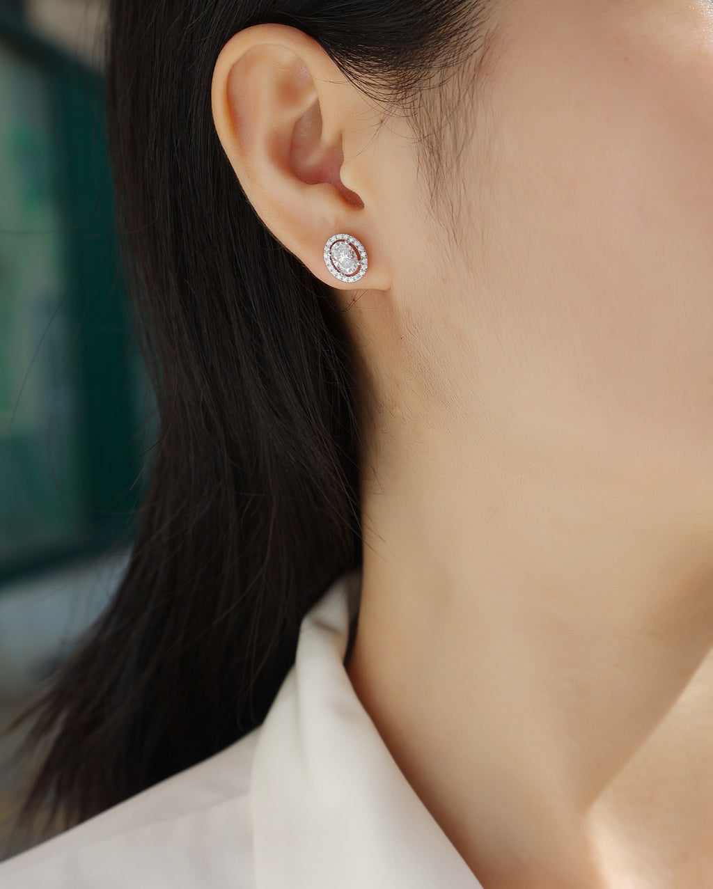 Ovation Moissanite Oval Halo Stud Earrings in Sterling Silver