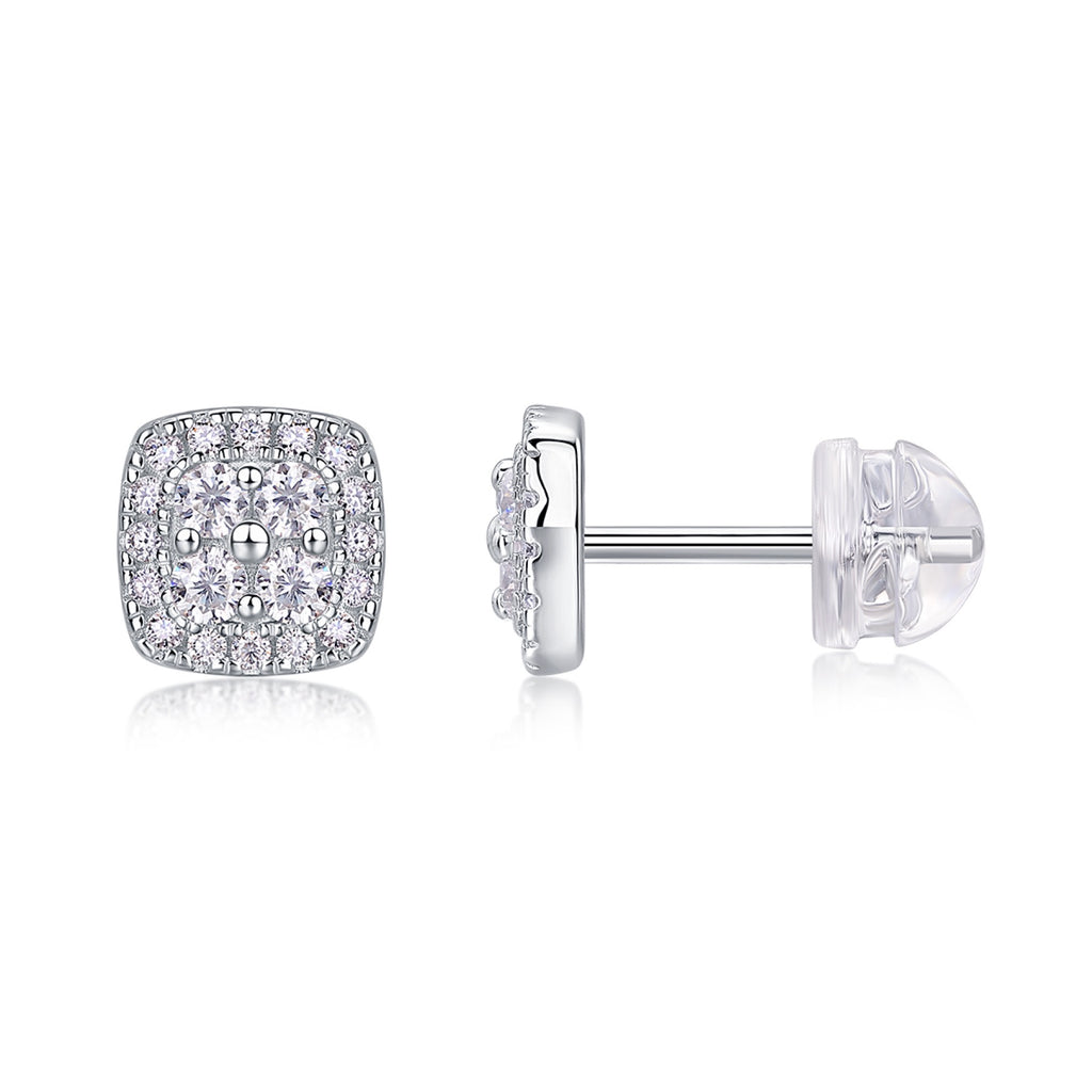Cube Moissanite Halo Stud Earrings in Sterling Silver