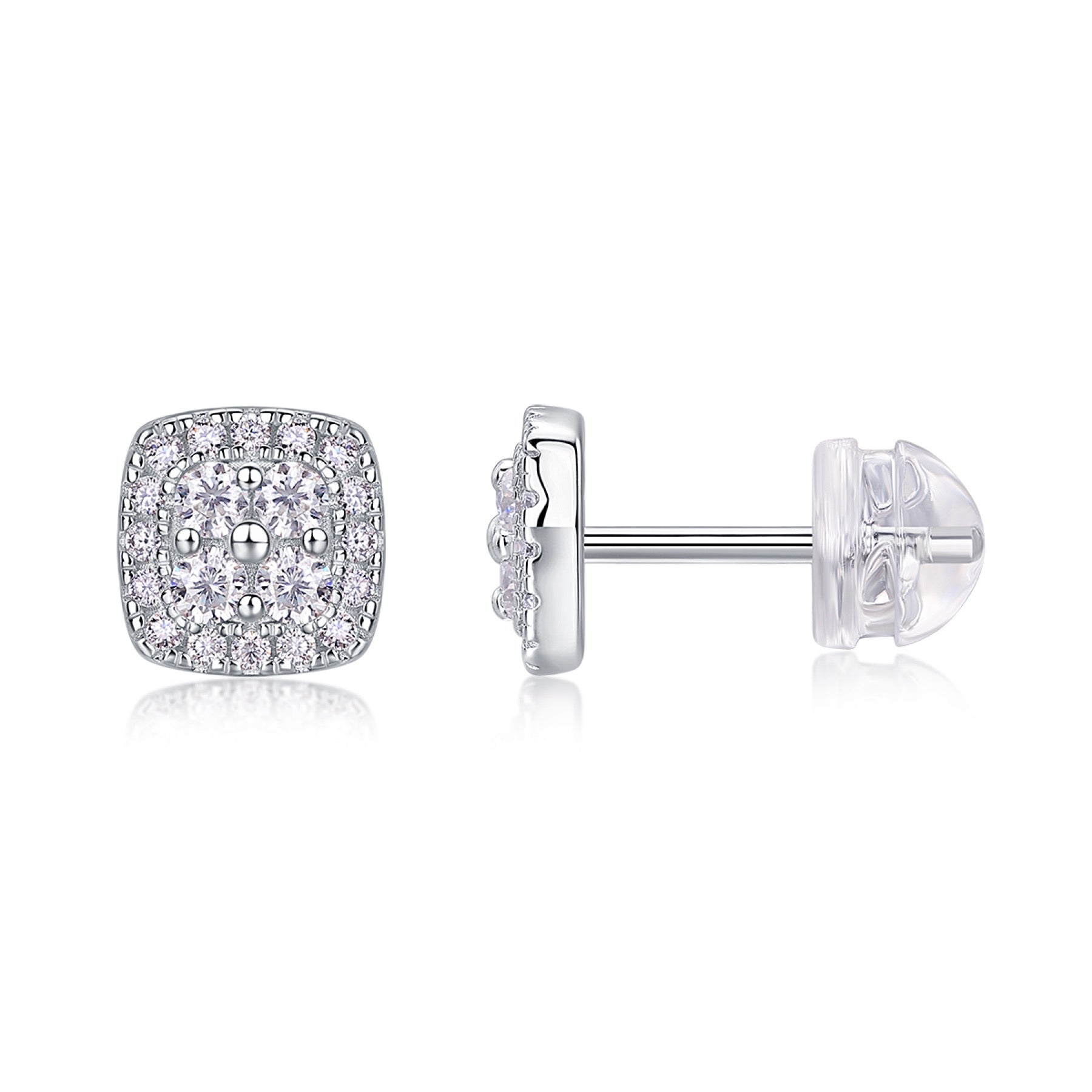 Cube Moissanite Halo Stud Earrings in Sterling Silver
