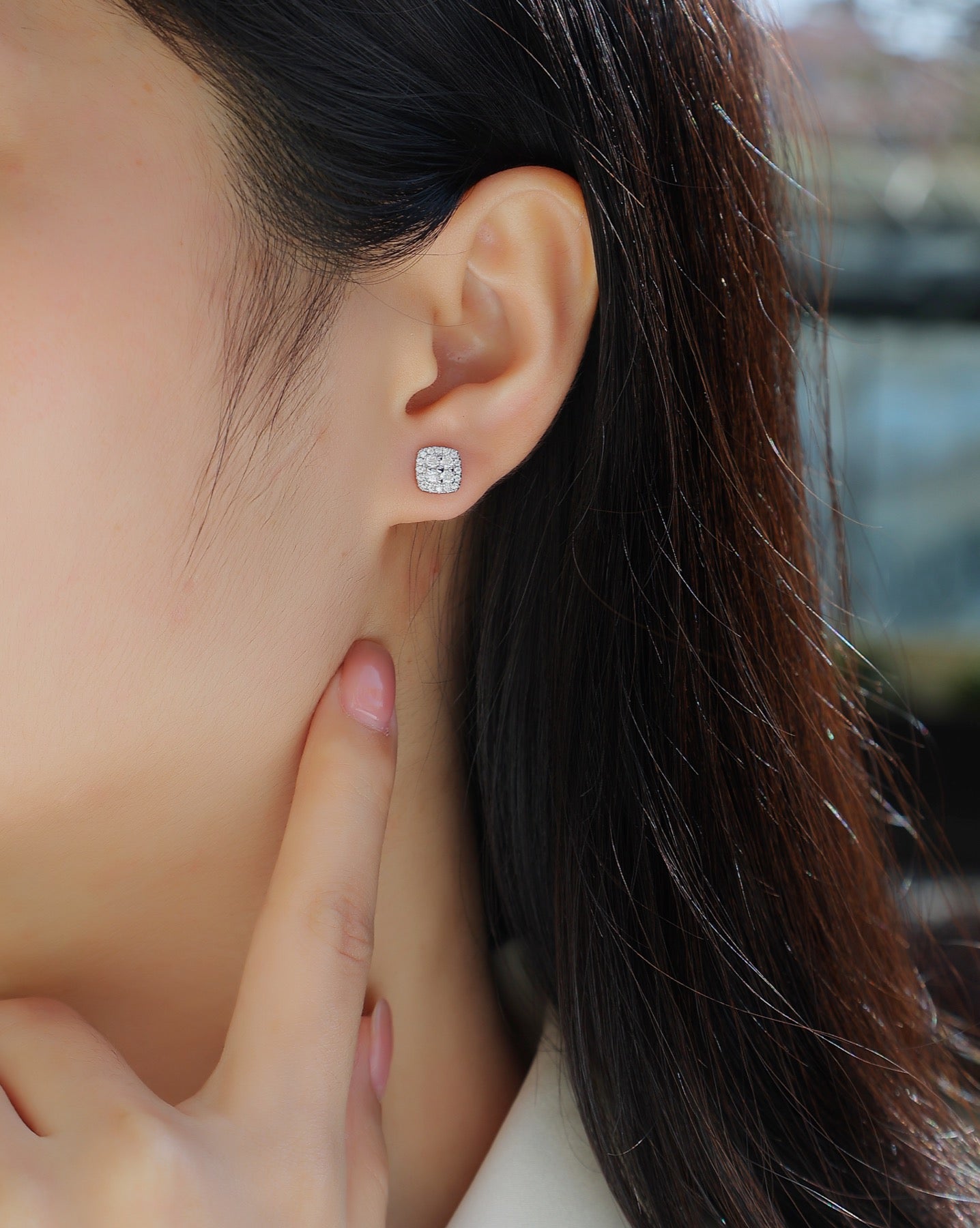 Cube Moissanite Halo Stud Earrings in Sterling Silver