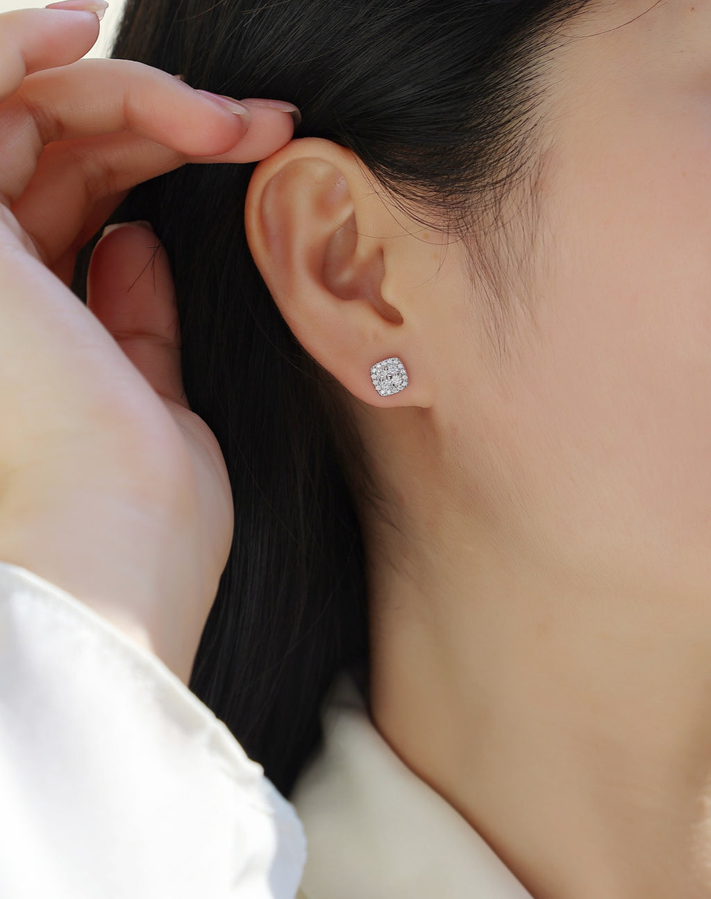 Cube Moissanite Halo Stud Earrings in Sterling Silver
