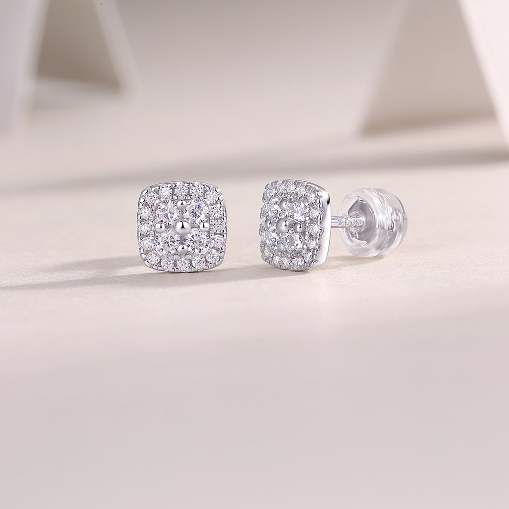 Cube Moissanite Halo Stud Earrings in Sterling Silver