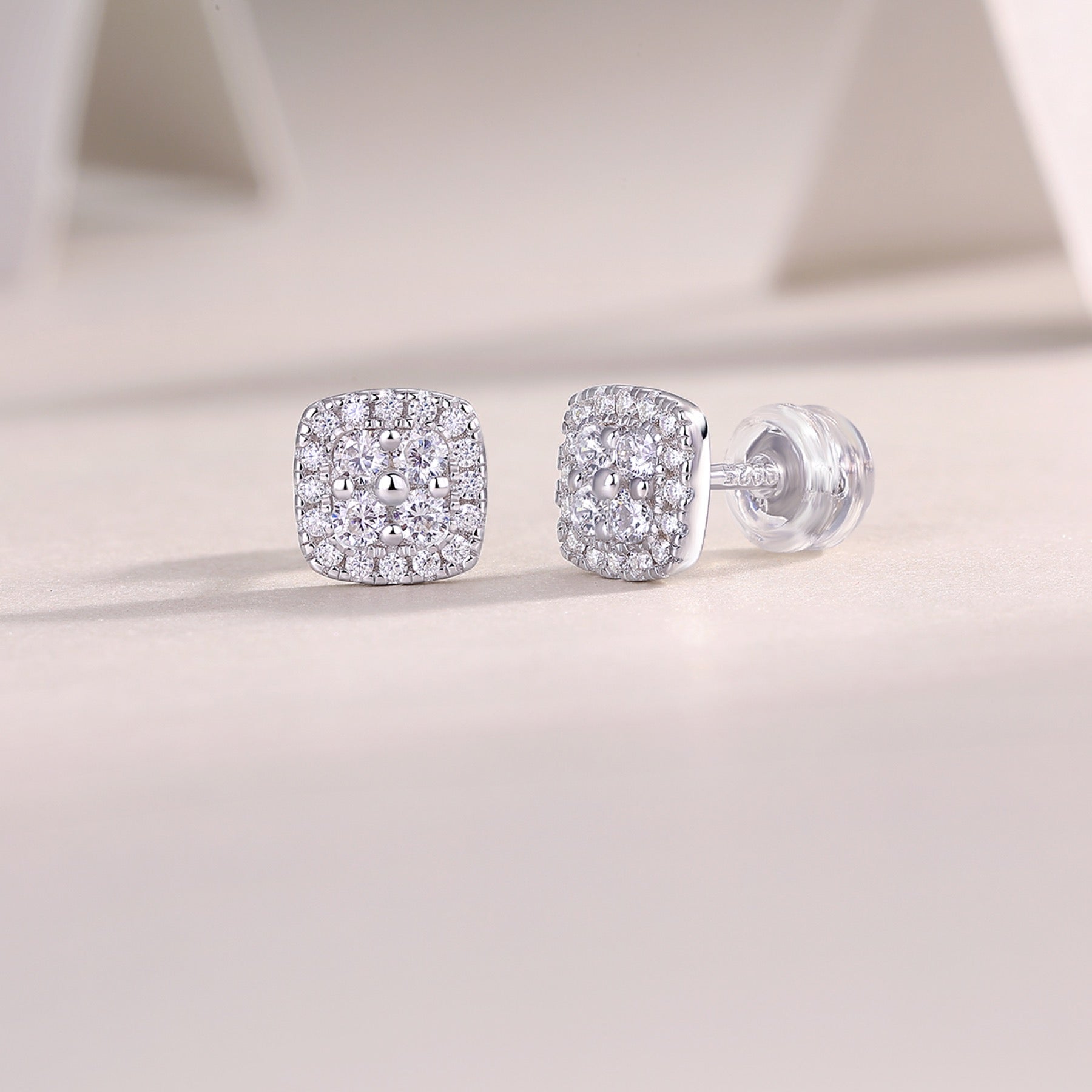 Cube Moissanite Halo Stud Earrings in Sterling Silver