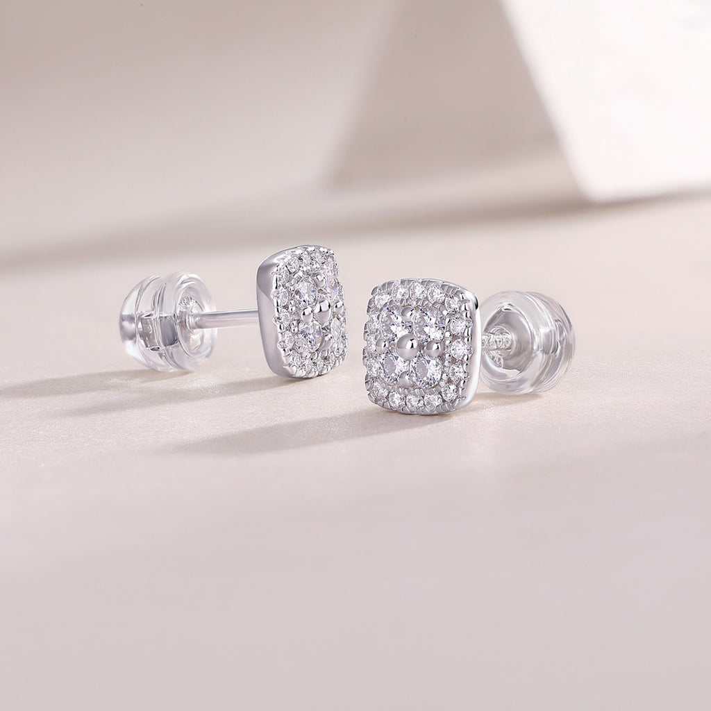 Cube Moissanite Halo Stud Earrings in Sterling Silver
