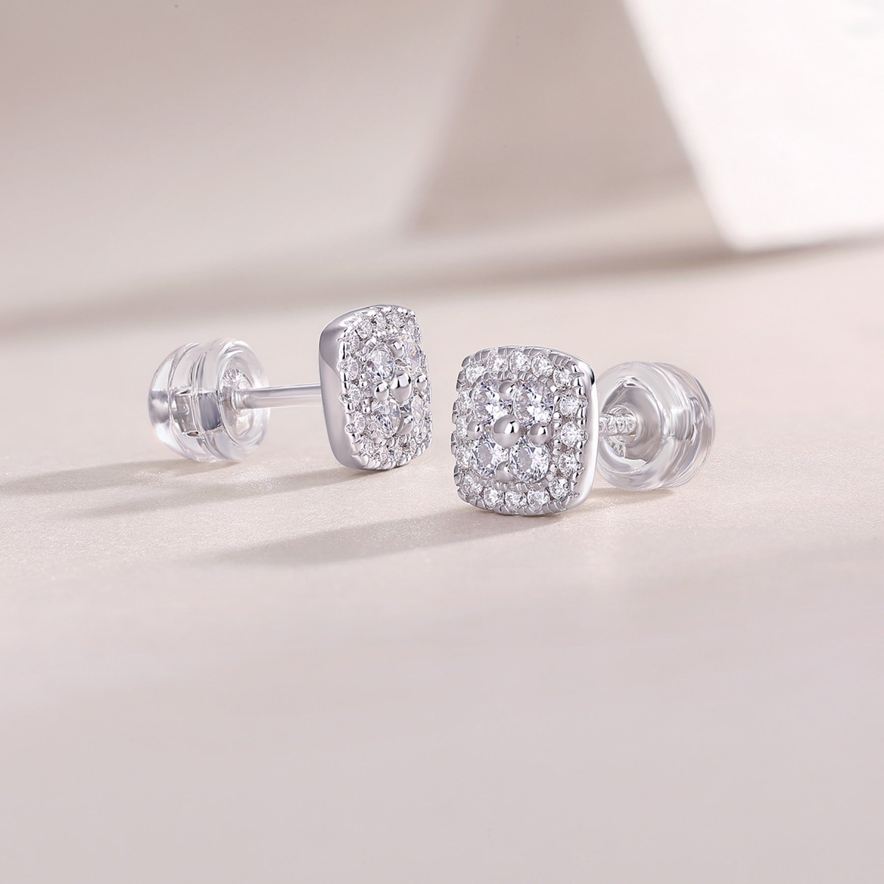 Cube Moissanite Halo Stud Earrings in Sterling Silver