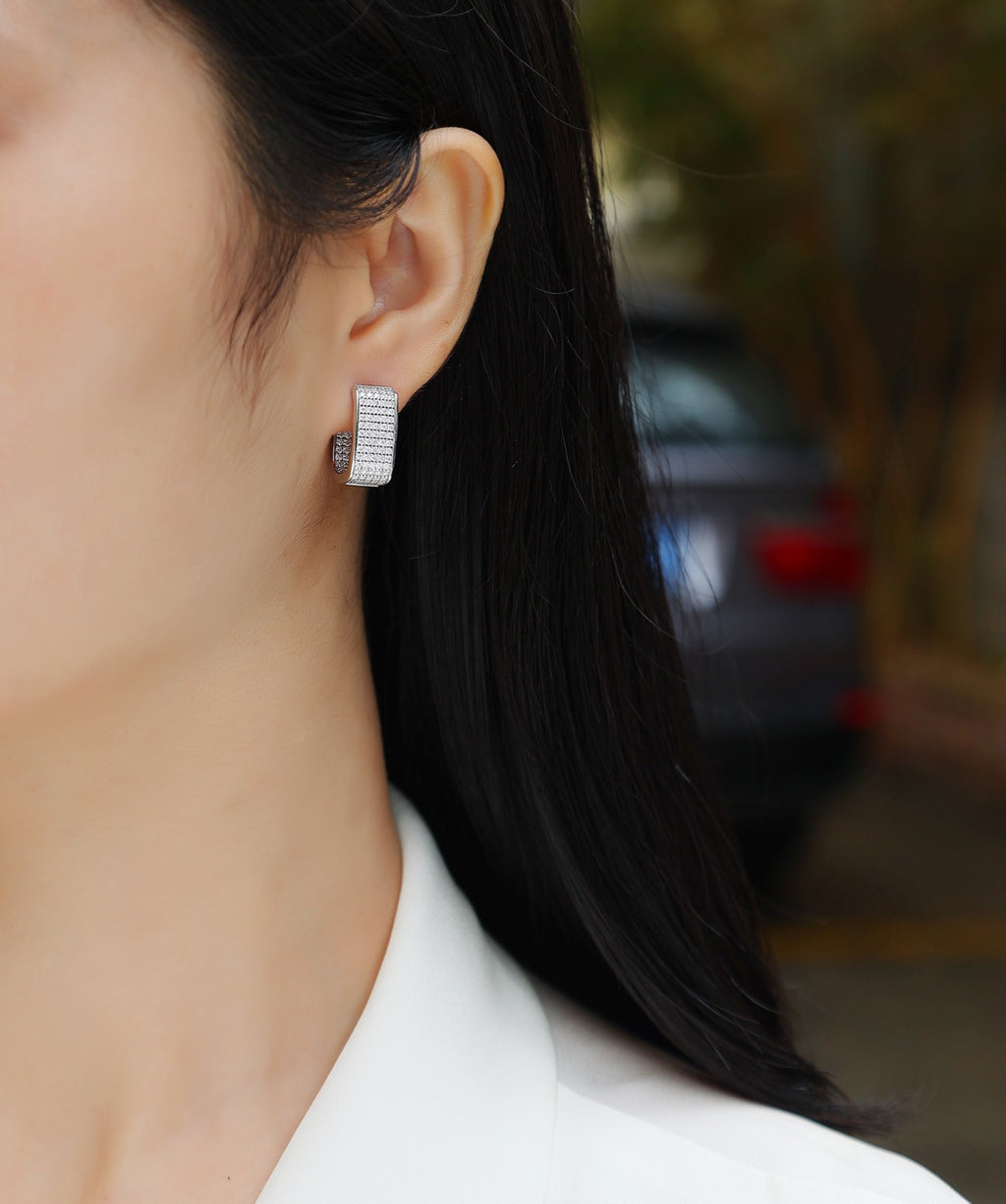 Portal Moissanite Baguette Huggie Hoop Earrings in Sterling Silver