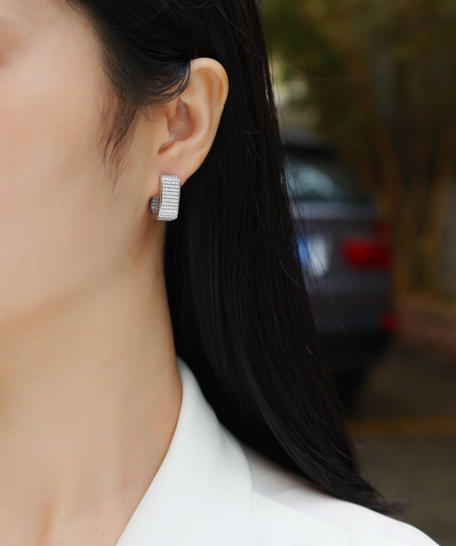 Portal Moissanite Baguette Huggie Hoop Earrings in Sterling Silver