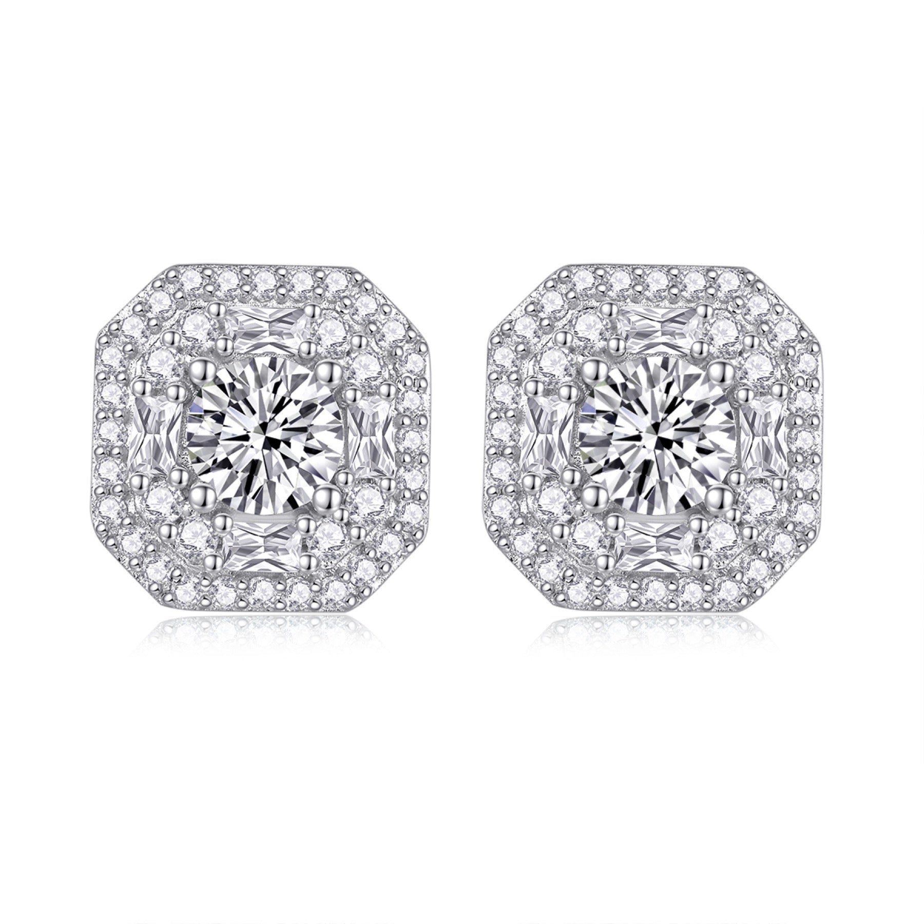 Octa Moissanite Halo Stud Earrings in Sterling Silver