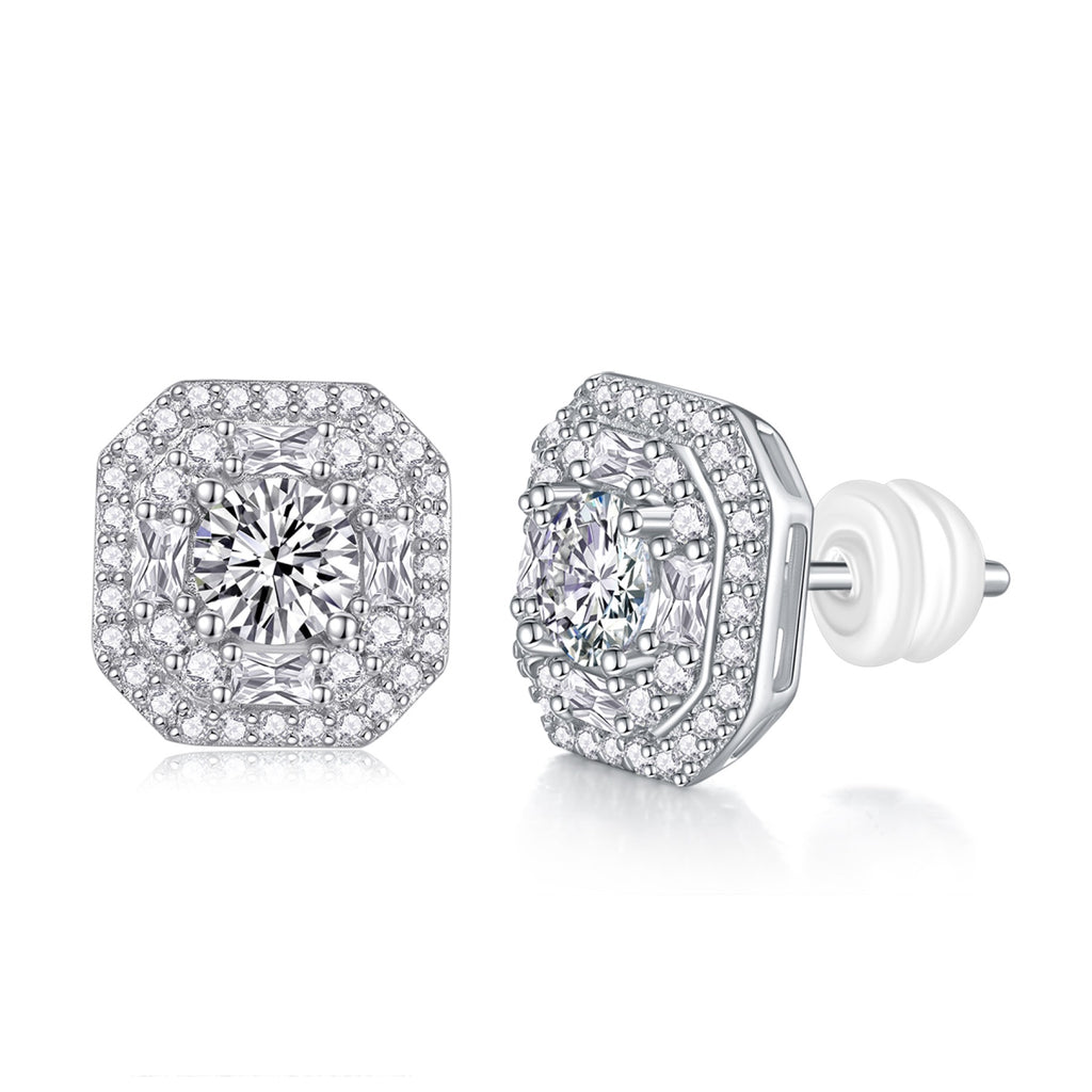 Octa Moissanite Halo Stud Earrings in Sterling Silver