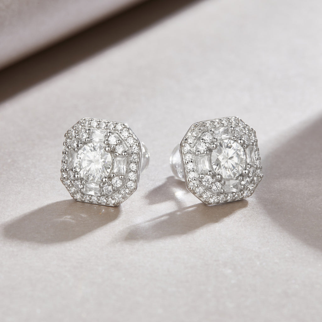 Octa Moissanite Halo Stud Earrings in Sterling Silver