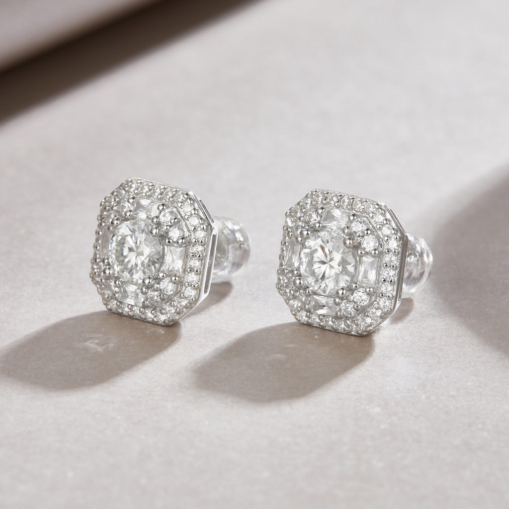 Octa Moissanite Halo Stud Earrings in Sterling Silver