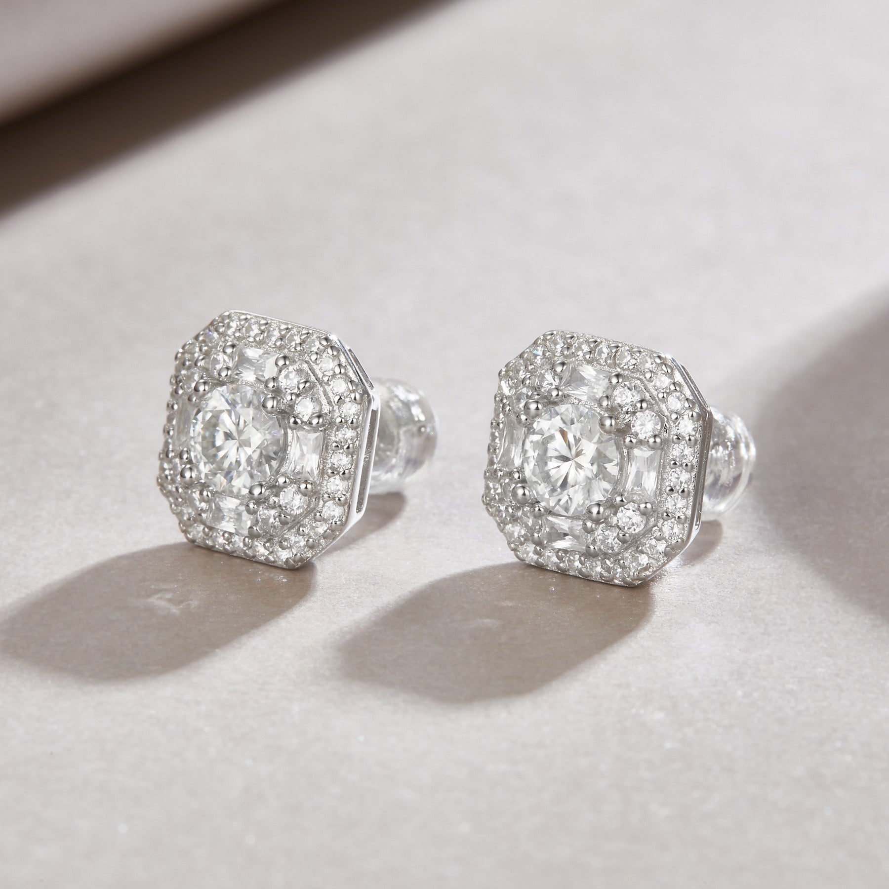 Octa Moissanite Halo Stud Earrings in Sterling Silver