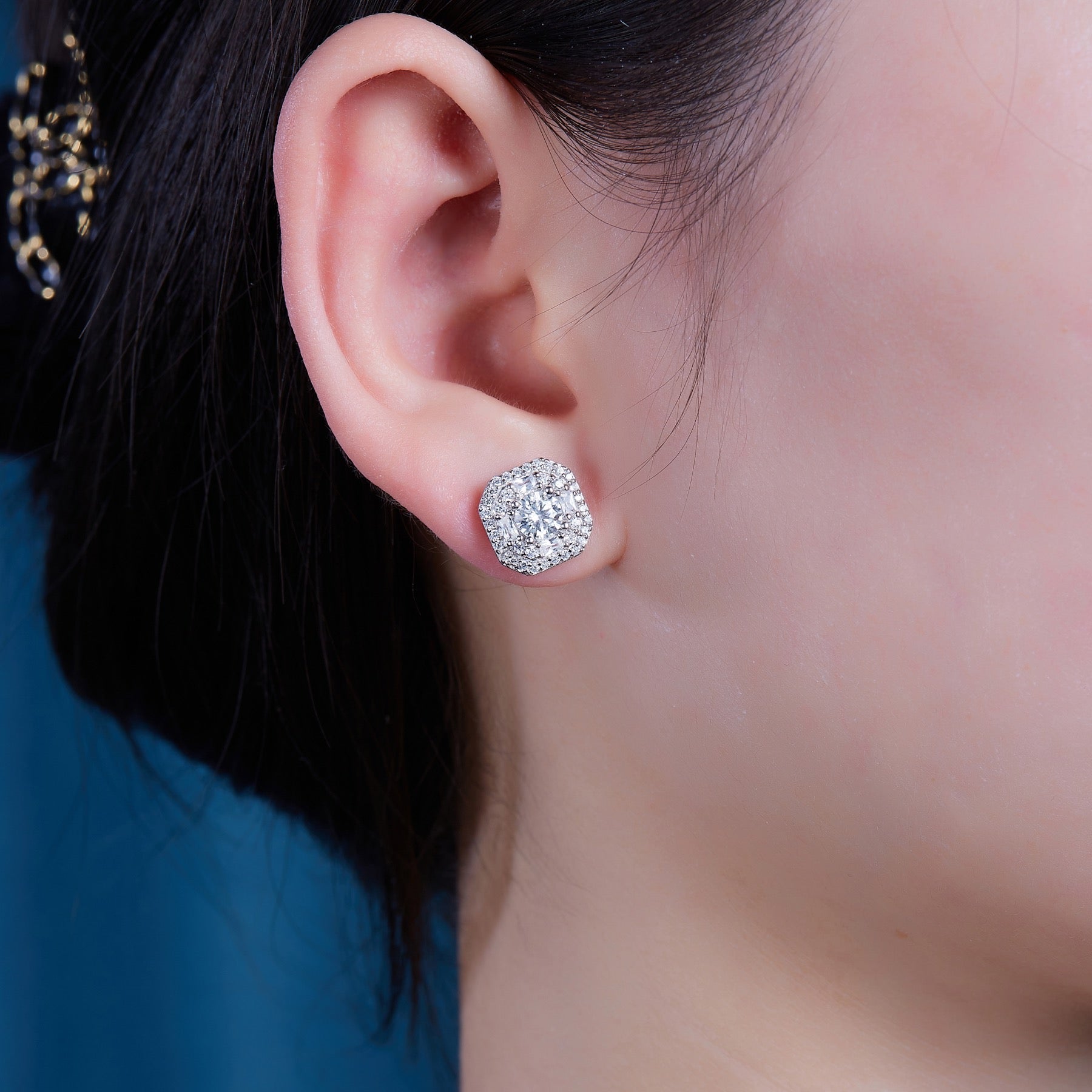 Octa Moissanite Halo Stud Earrings in Sterling Silver