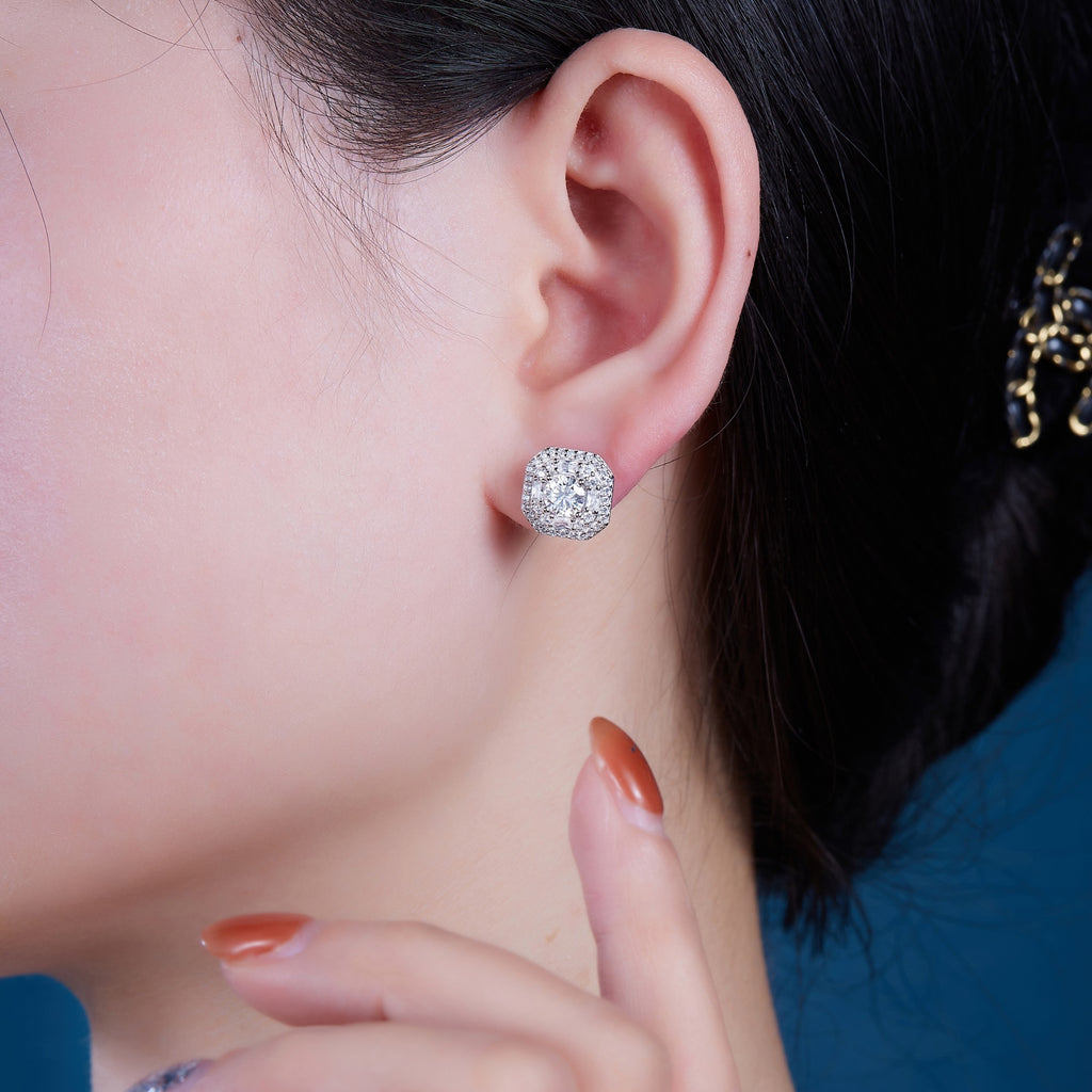Octa Moissanite Halo Stud Earrings in Sterling Silver