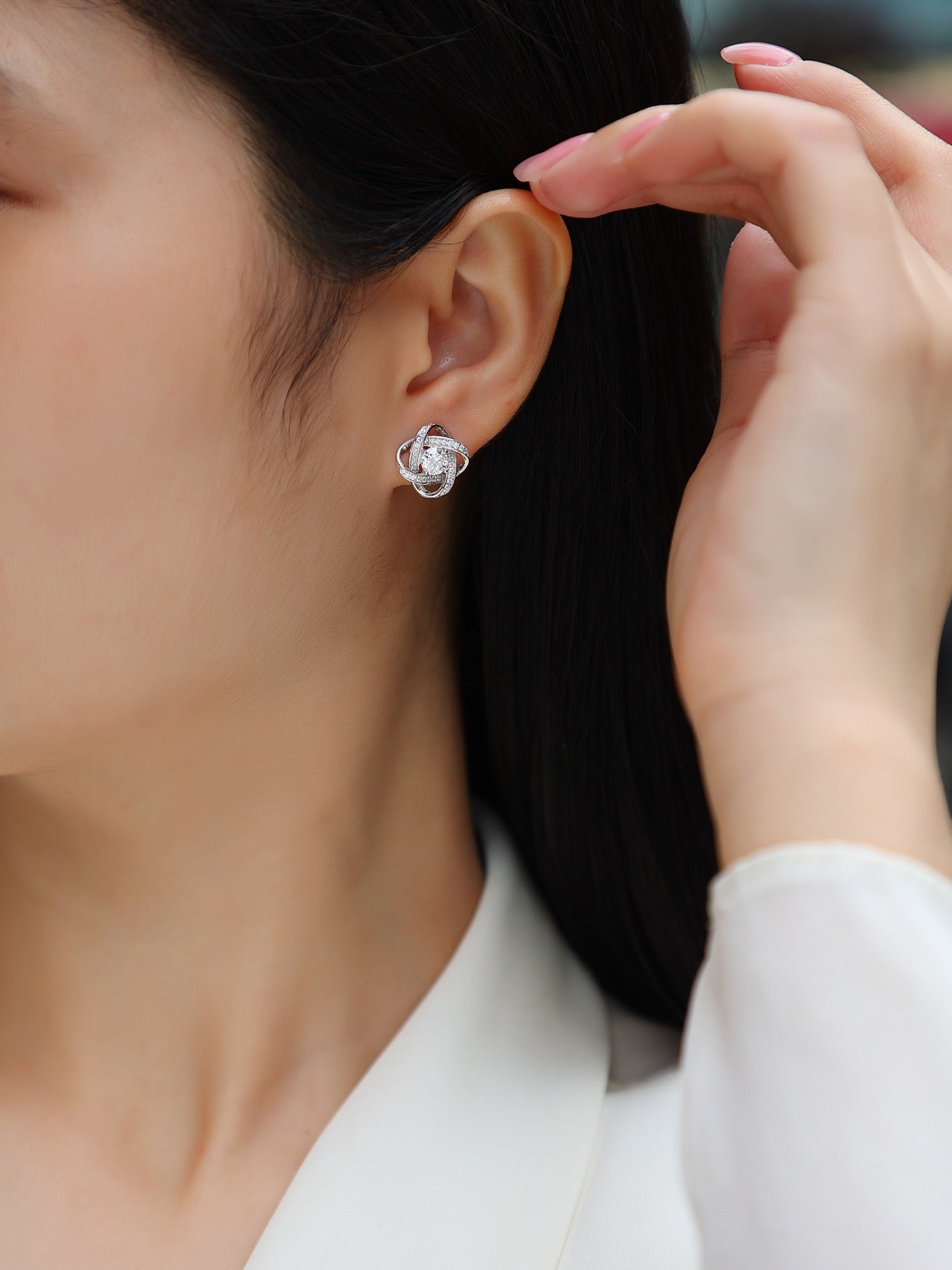 Amity Moissanite Love Knot Stud Earrings in Sterling Silver