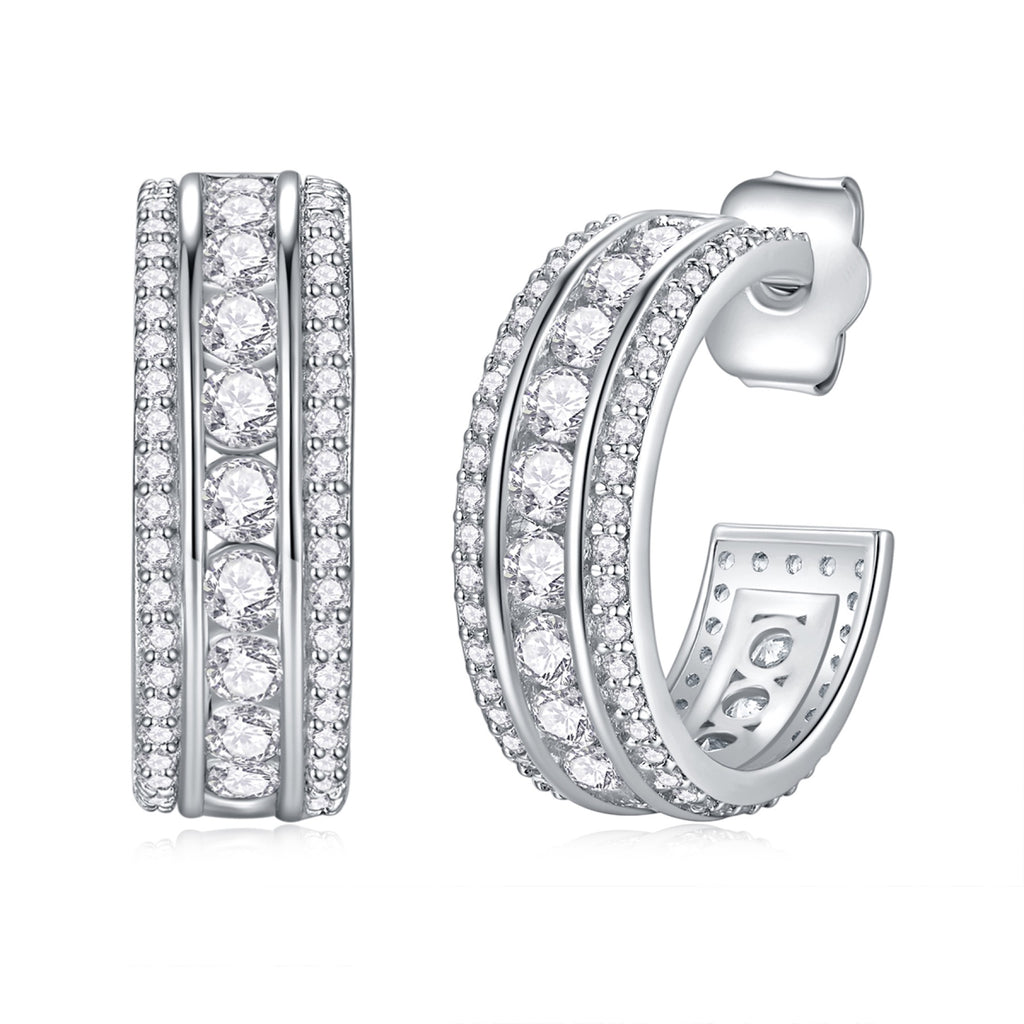 Treble Moissanite Huggie Hoop Earrings in Sterling Silver