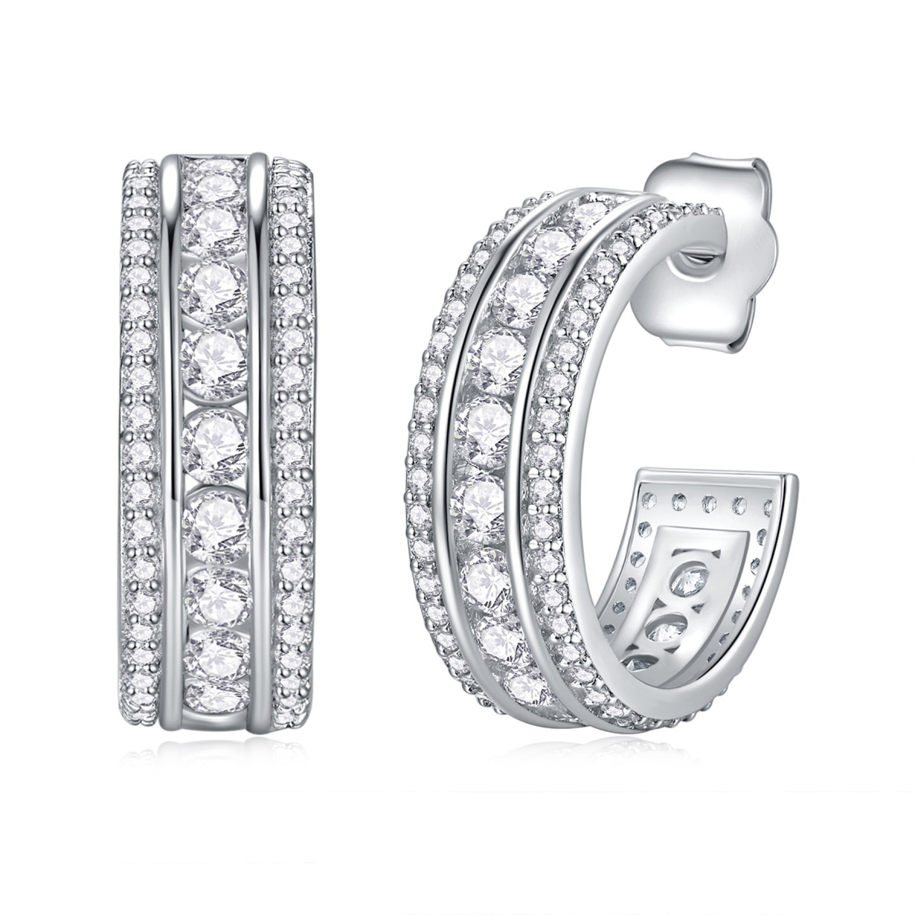 Treble Moissanite Huggie Hoop Earrings in Sterling Silver
