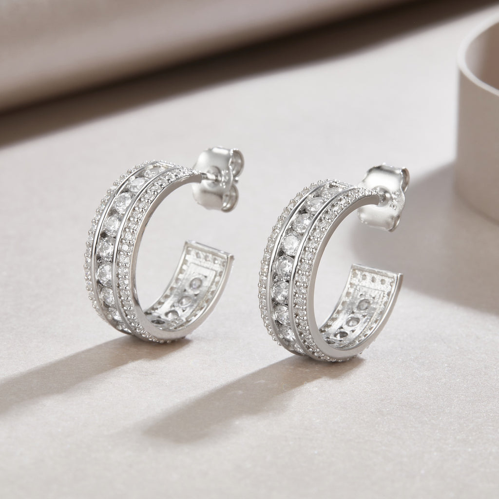 Treble Moissanite Huggie Hoop Earrings in Sterling Silver
