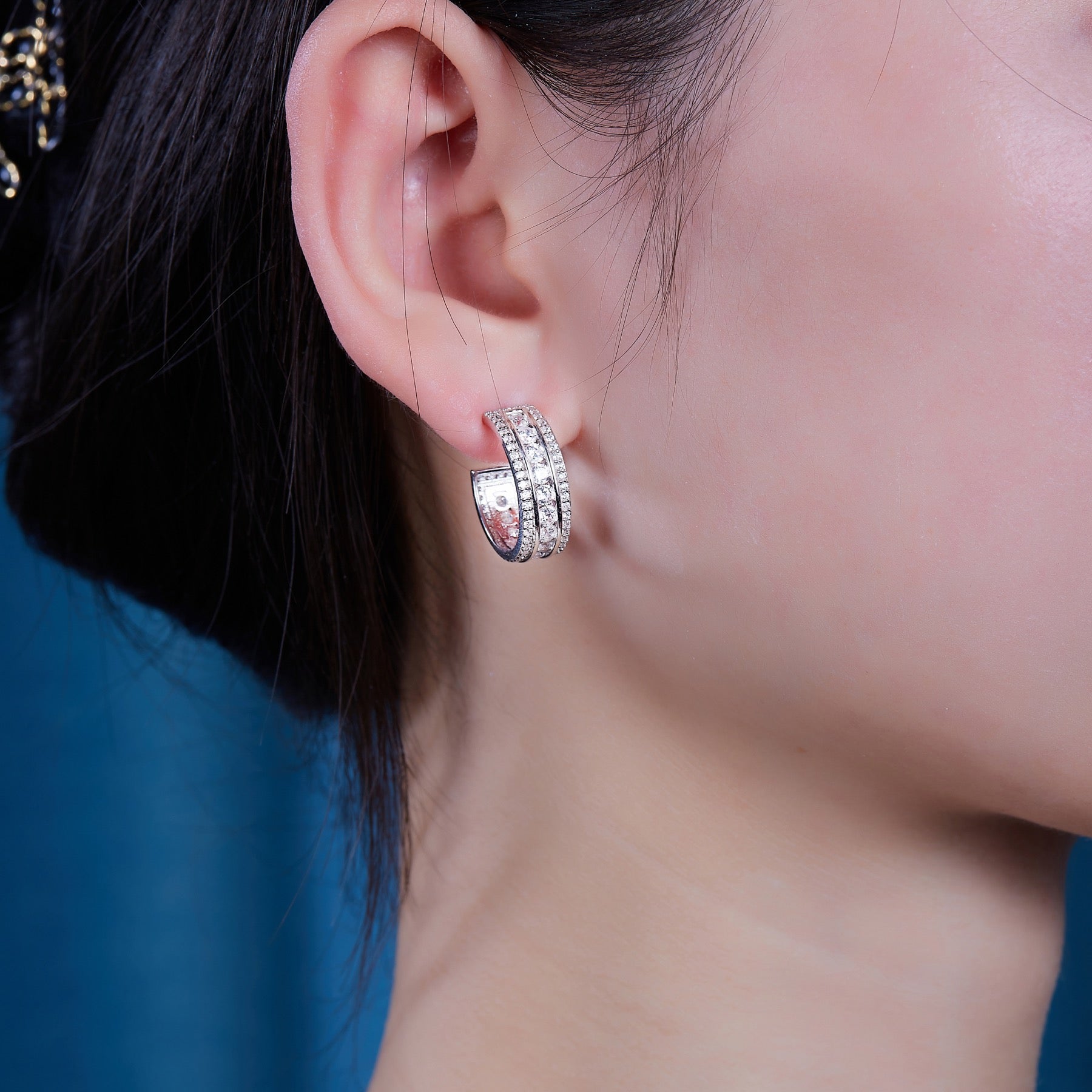Treble Moissanite Huggie Hoop Earrings in Sterling Silver