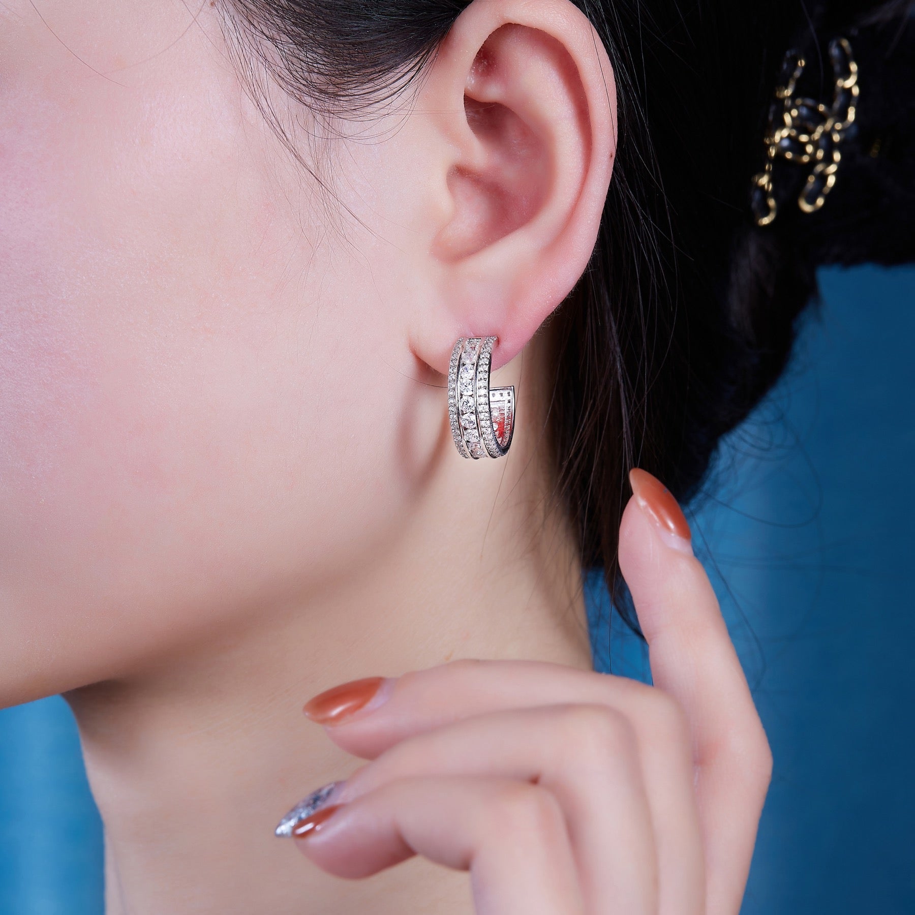 Treble Moissanite Huggie Hoop Earrings in Sterling Silver