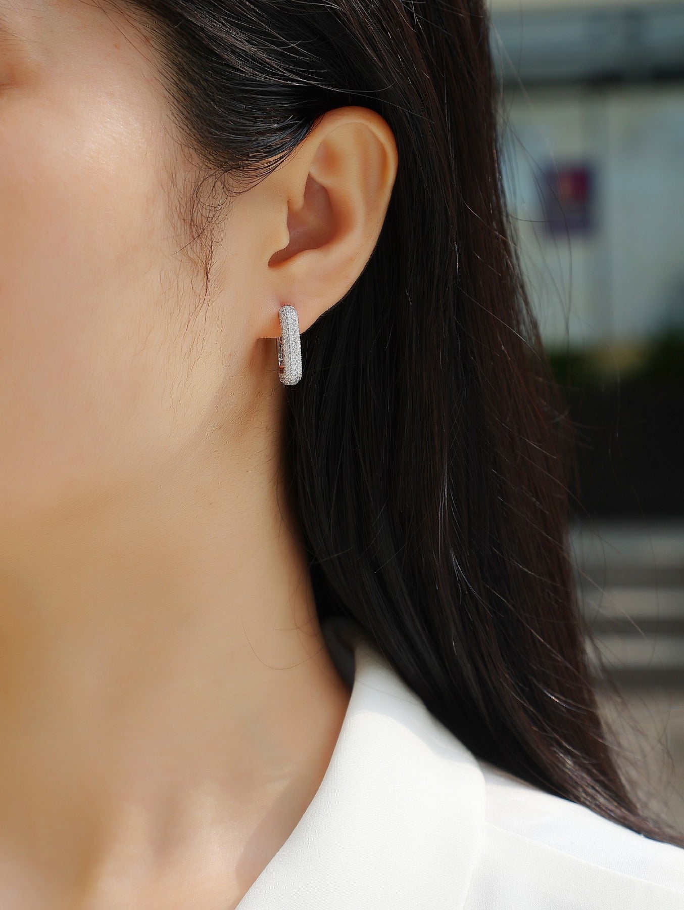 Squared Moissanite Square Huggie Hoop Earrings in Sterling Silver