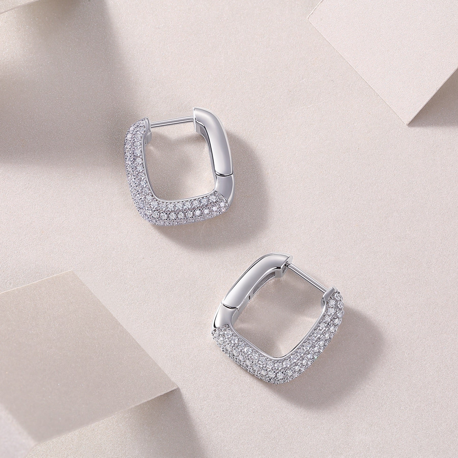 Squared Moissanite Square Huggie Hoop Earrings in Sterling Silver