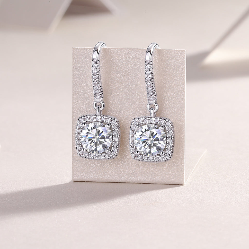 Adorn Moissanite Halo Drop Earrings in Sterling Silver