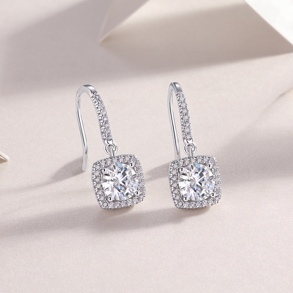 Adorn Moissanite Halo Drop Earrings in Sterling Silver