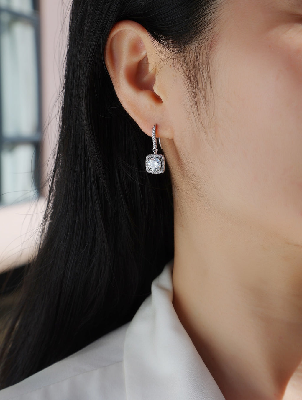 Adorn Moissanite Halo Drop Earrings in Sterling Silver
