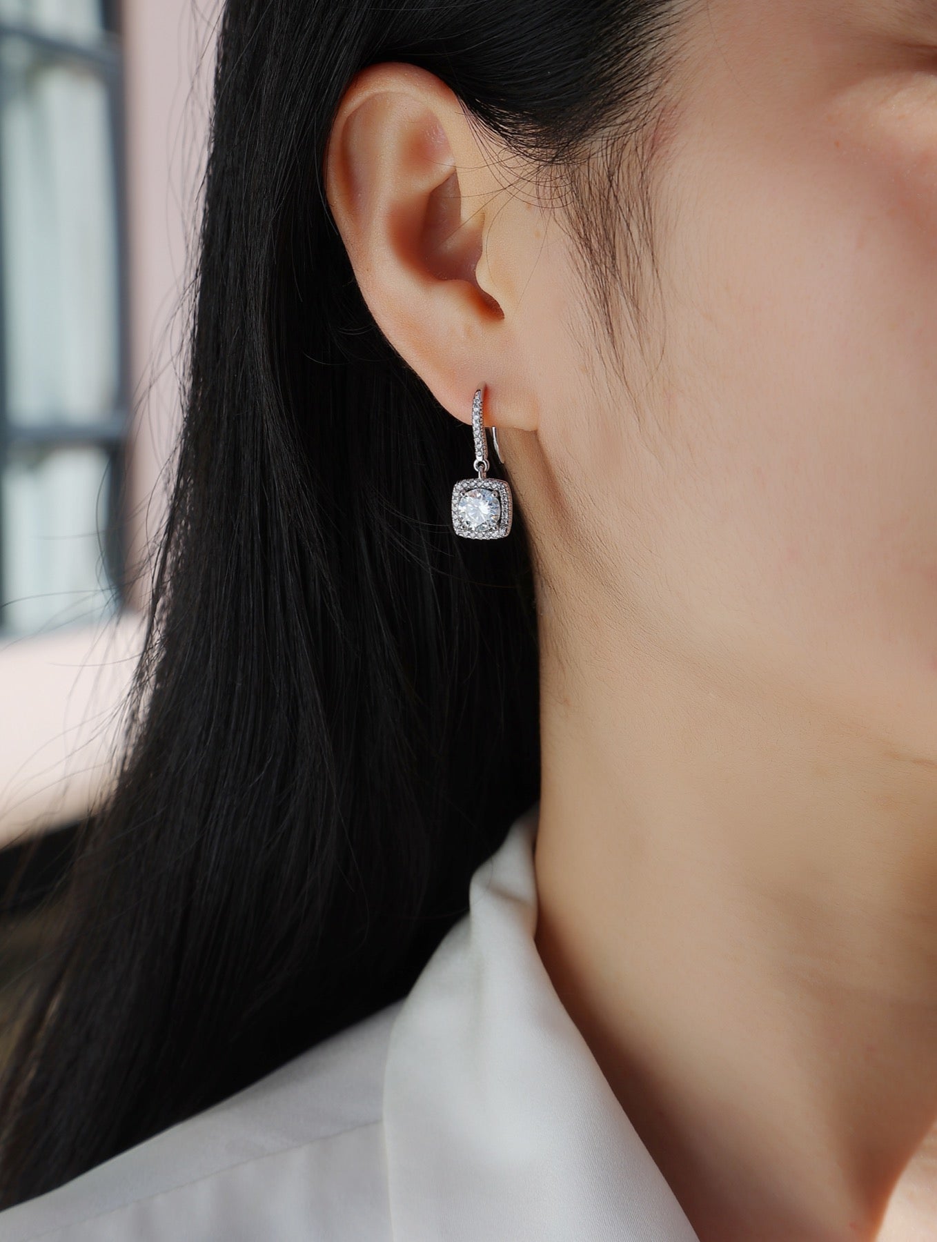 Adorn Moissanite Halo Drop Earrings in Sterling Silver